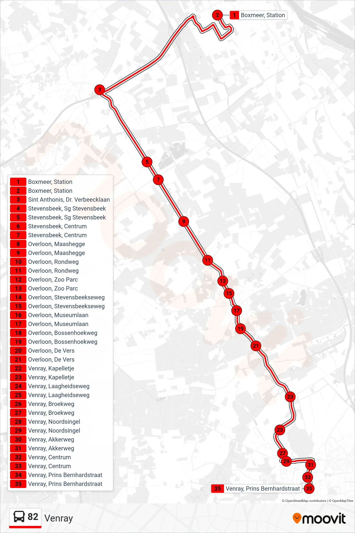 Lijn 82 (bus, Venray): route en haltes op de kaart