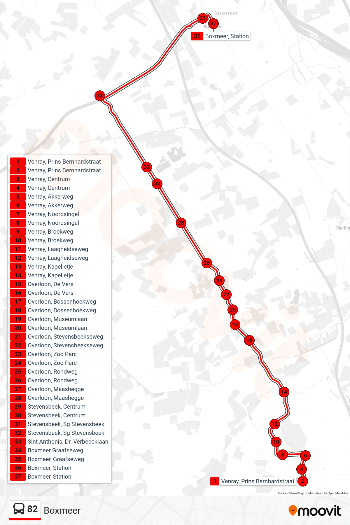 Lijn 82 (bus, Boxmeer): route en haltes op de kaart