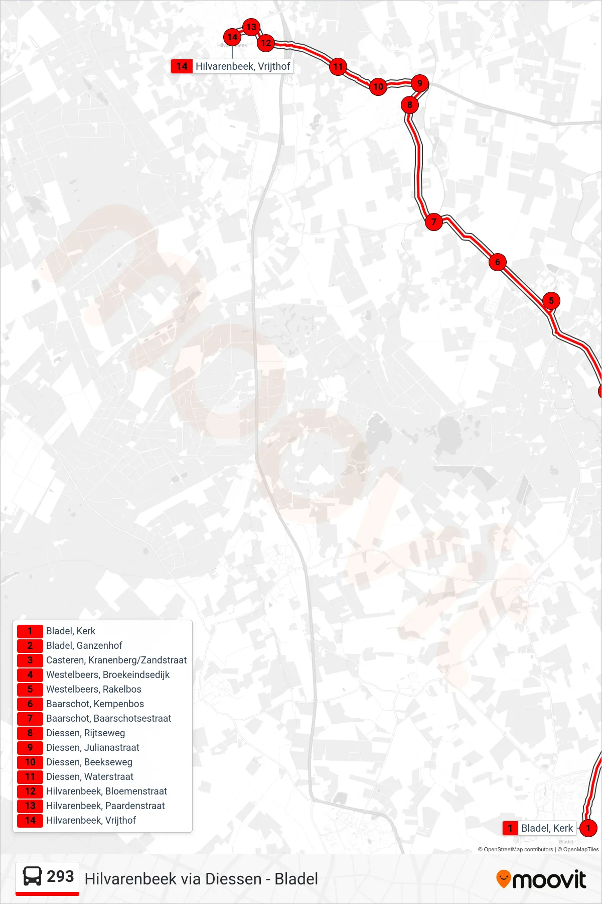 293 bus Line (Hilvarenbeek) route and stops on a map
