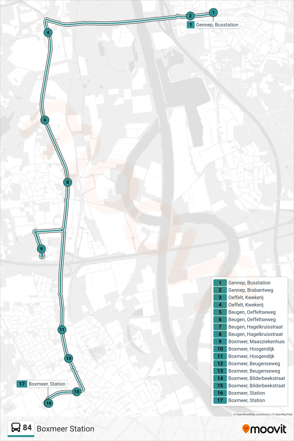 Lijn 84 (bus, Boxmeer Station): route en haltes op de kaart