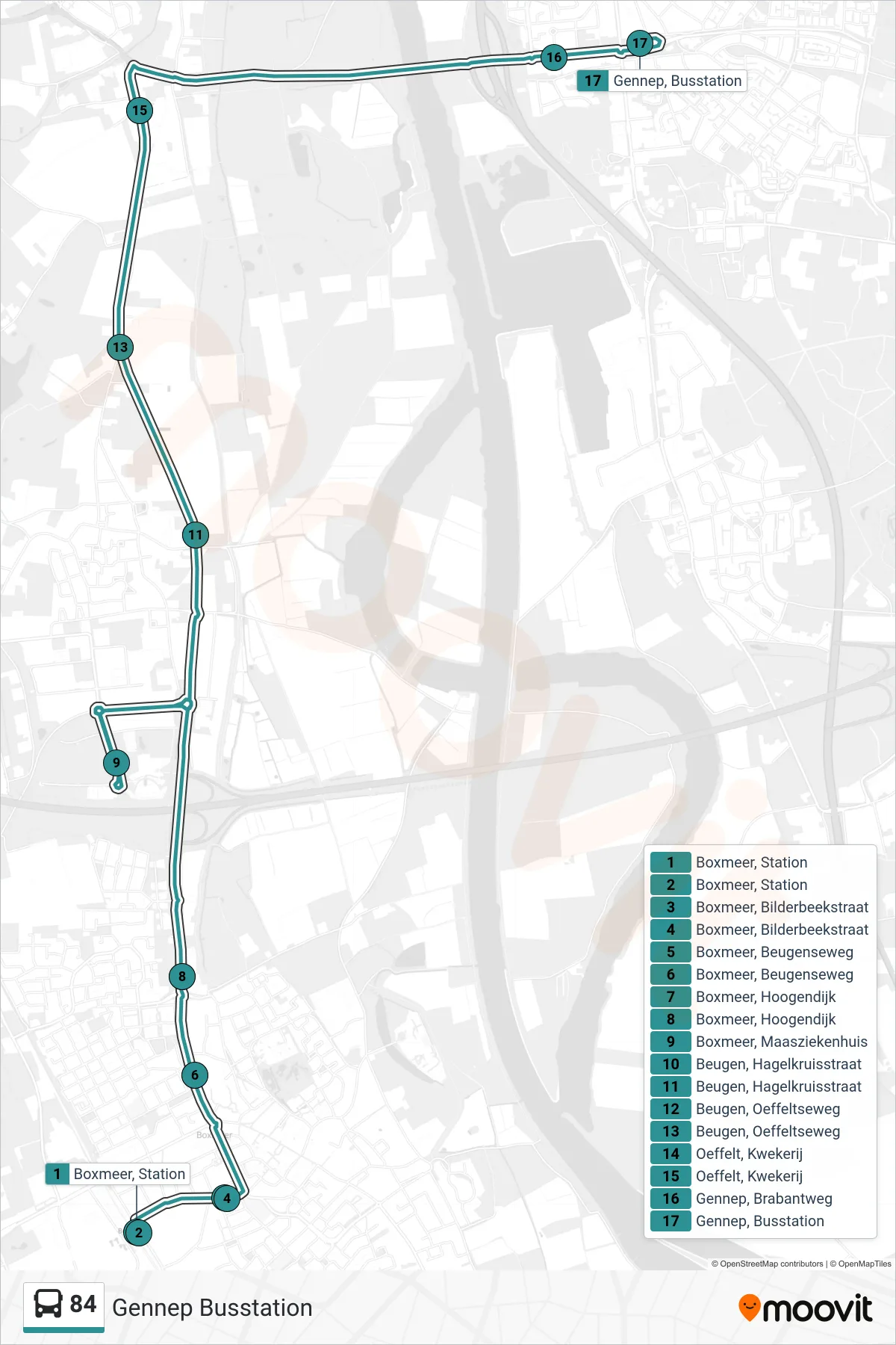 Lijn 84 (bus, Gennep Busstation): route en haltes op de kaart