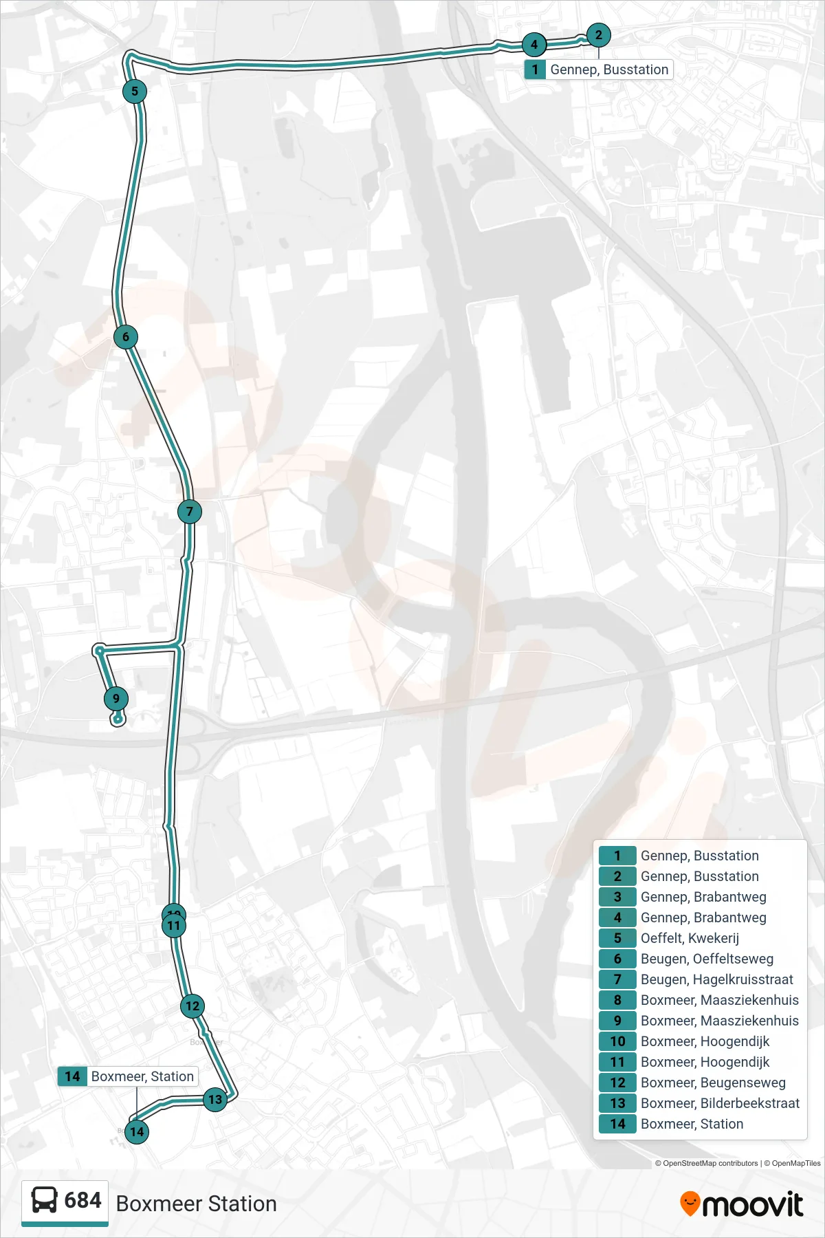 Lijn 684 (bus, Boxmeer Station): route en haltes op de kaart