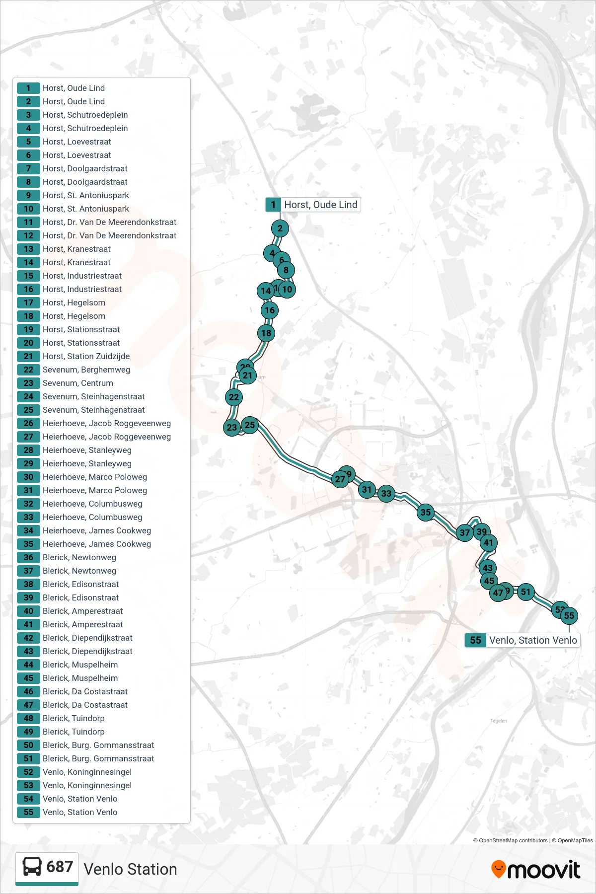 Lijn 687 (bus, Venlo Station): route en haltes op de kaart