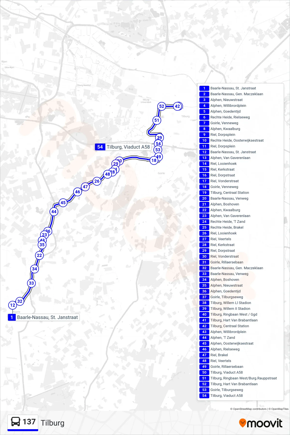 137 bus Line (Tilburg) route and stops on a map