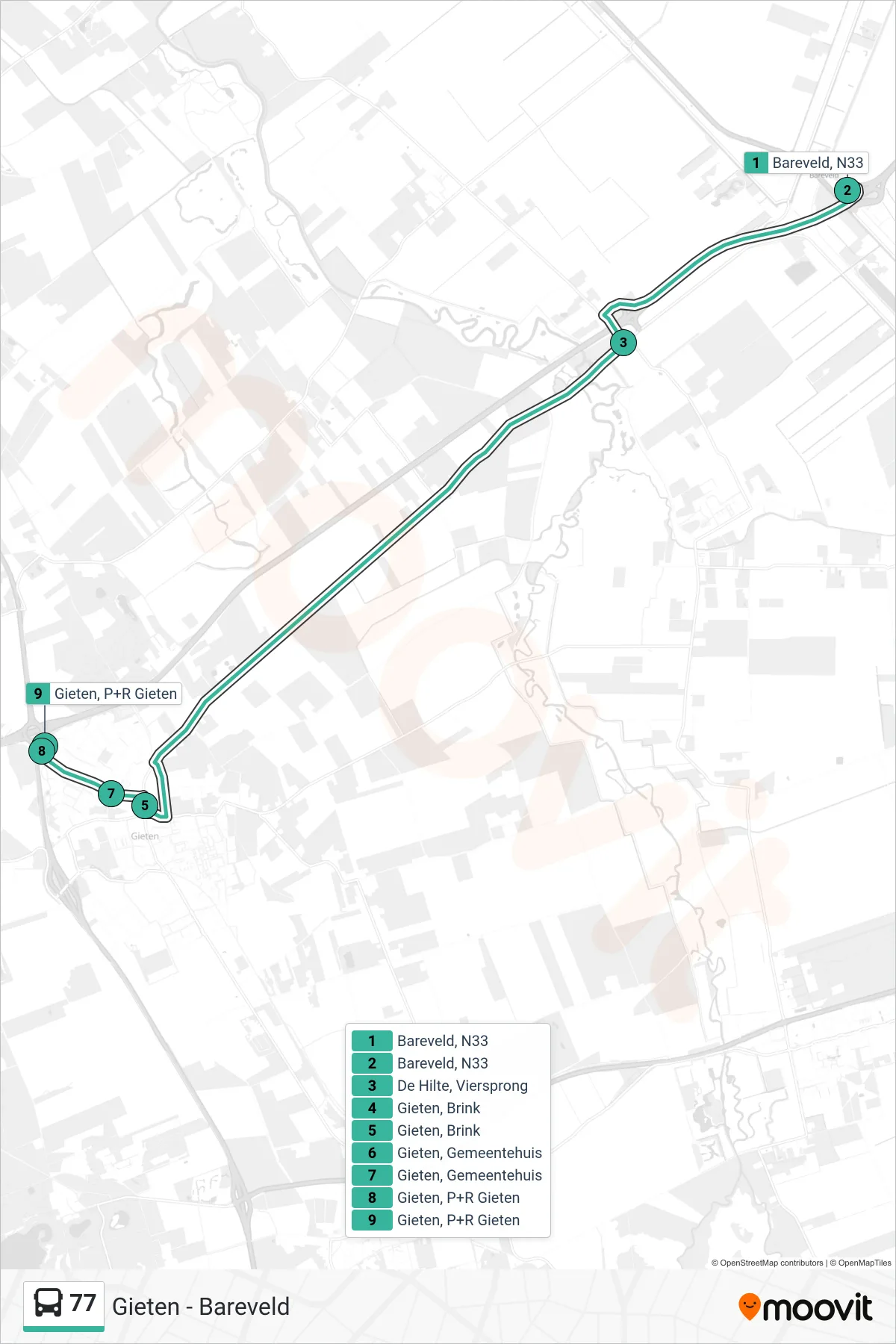 Lijn 77 (bus, Gieten): route en haltes op de kaart