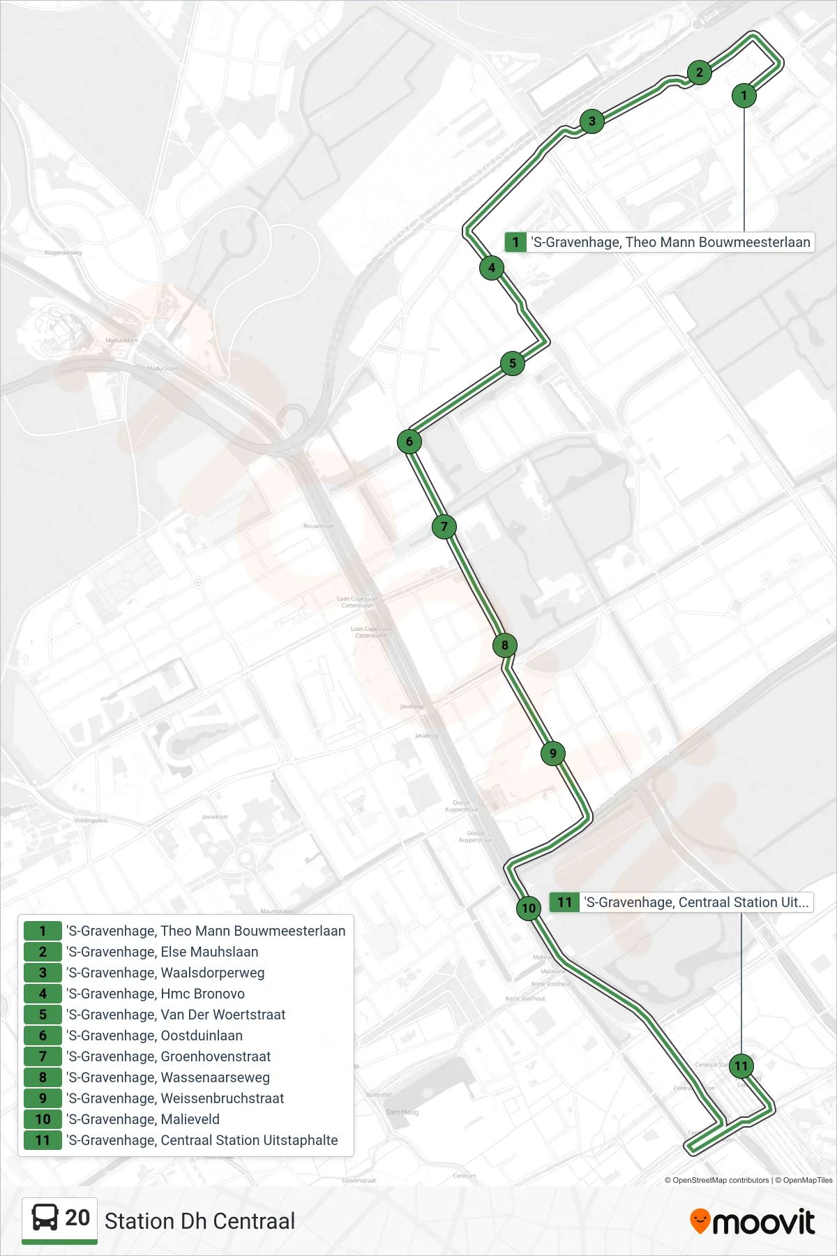 Lijn 20 (bus, Station Dh Centraal): route en haltes op de kaart