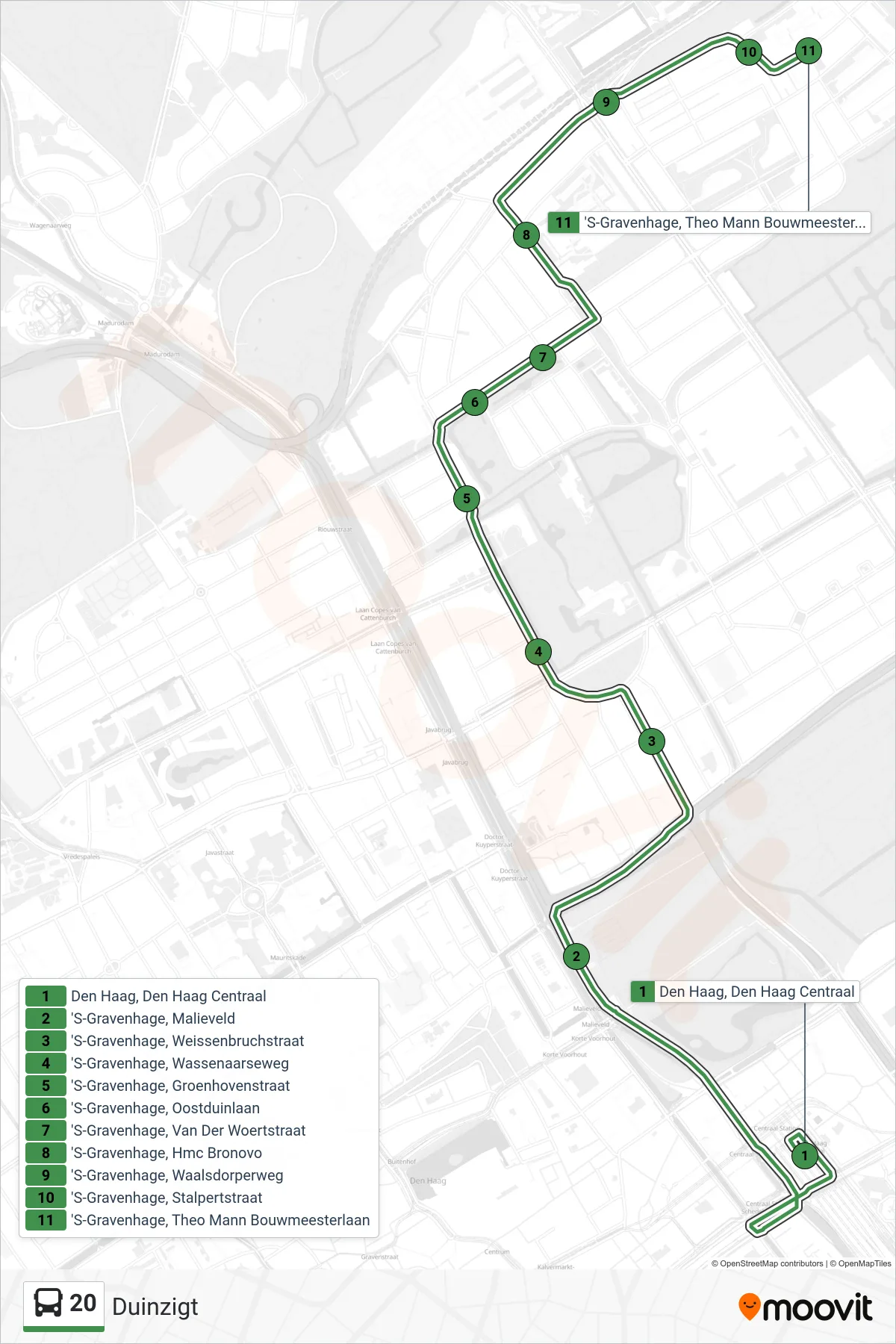 Lijn 20 (bus, Duinzigt): route en haltes op de kaart