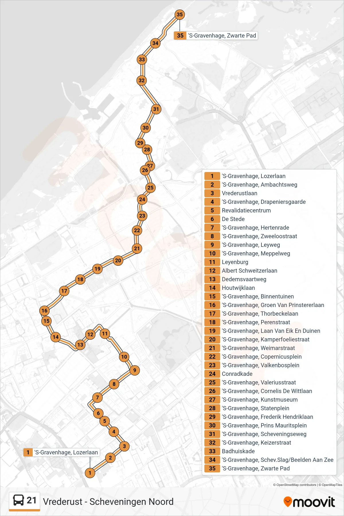 Lijn 21 (bus, Scheveningen Noord): route en haltes op de kaart