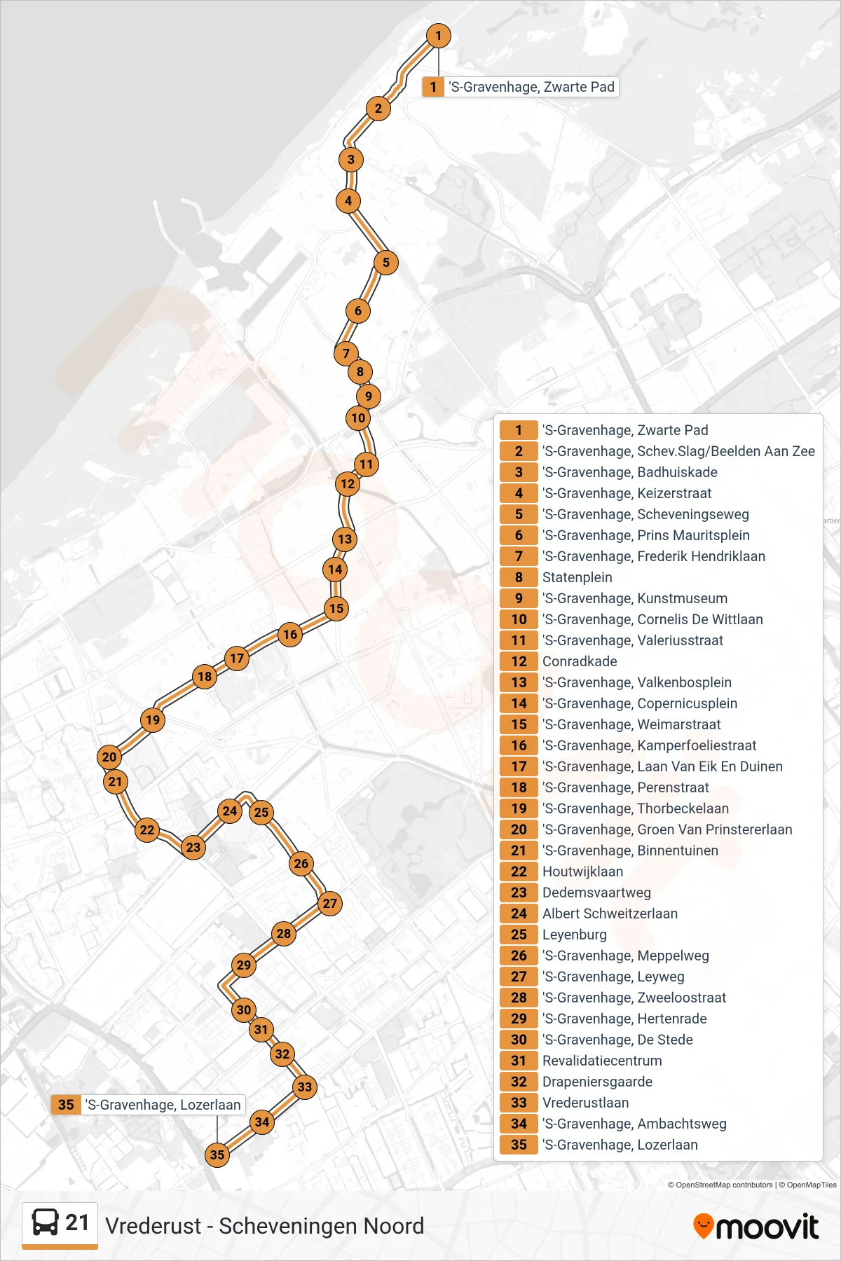 Lijn 21 (bus, Vrederust): route en haltes op de kaart