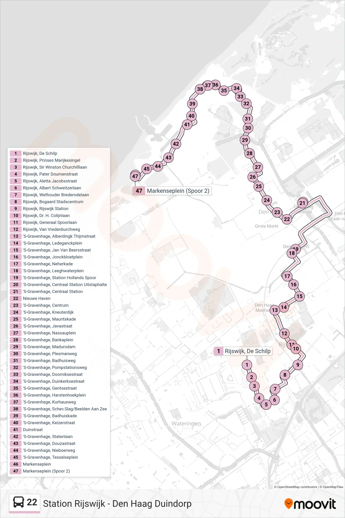 22 bus Line (Den Haag Duindorp) route and stops on a map