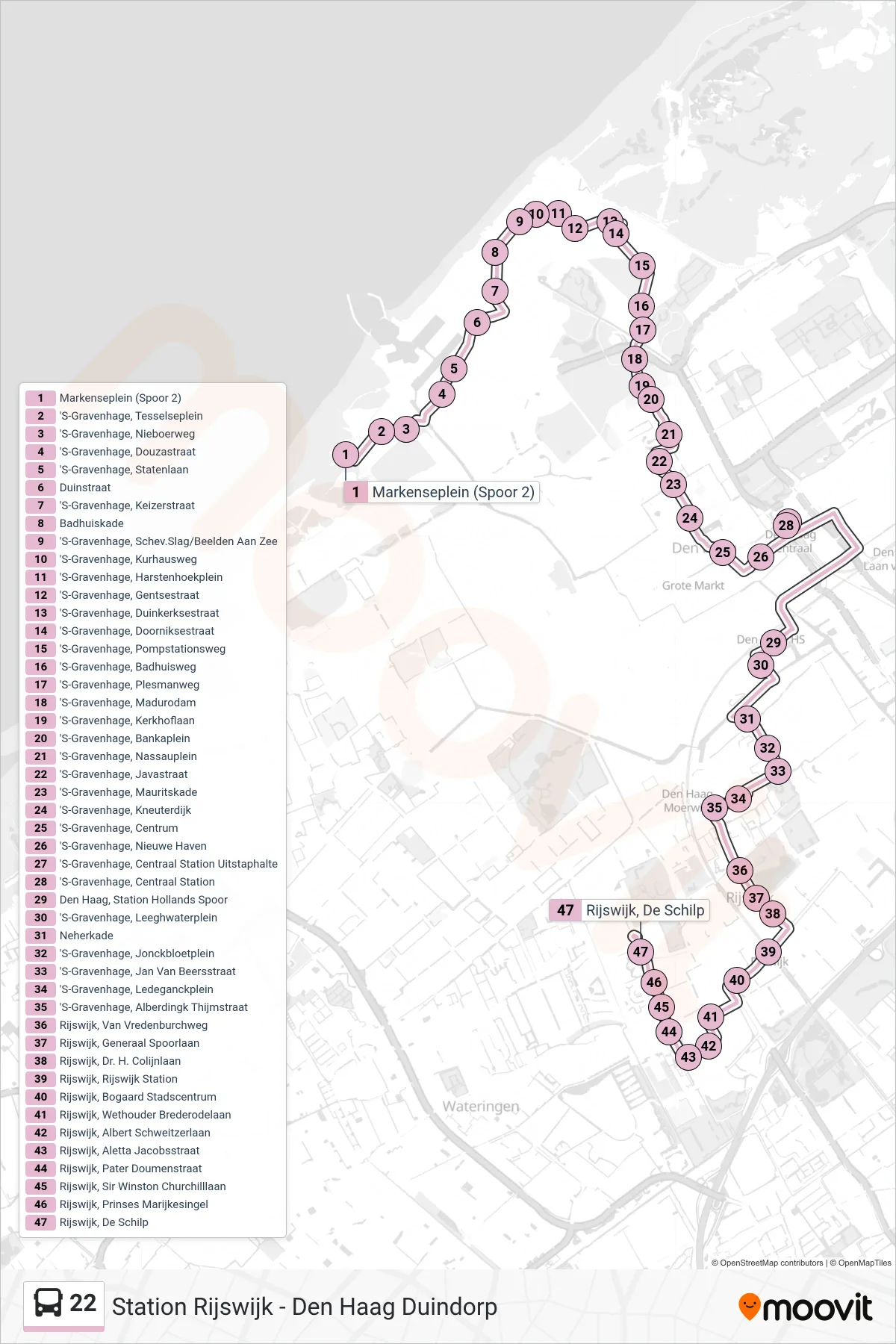 Lijn 22 (bus, Rijswijk De Schilp): route en haltes op de kaart