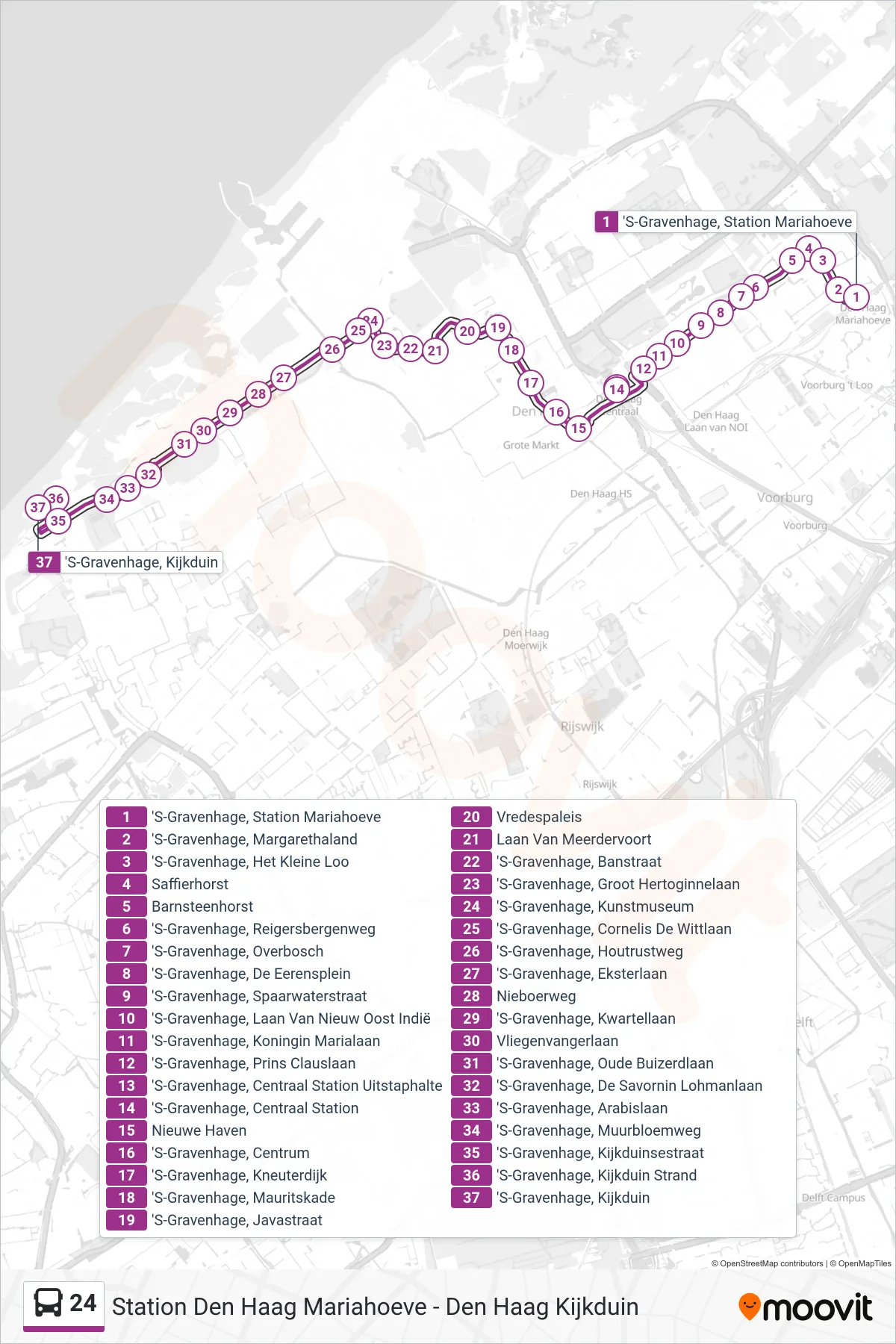 Lijn 24 (bus, Den Haag Kijkduin): route en haltes op de kaart
