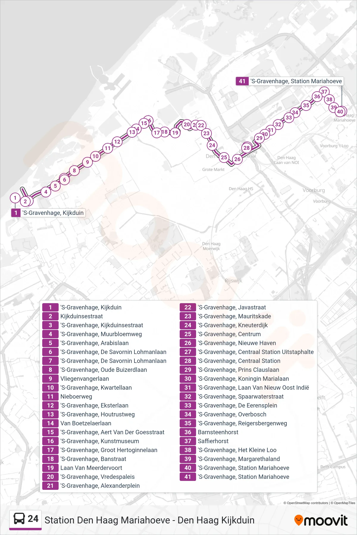 Lijn 24 (bus, Station Mariahoeve): route en haltes op de kaart