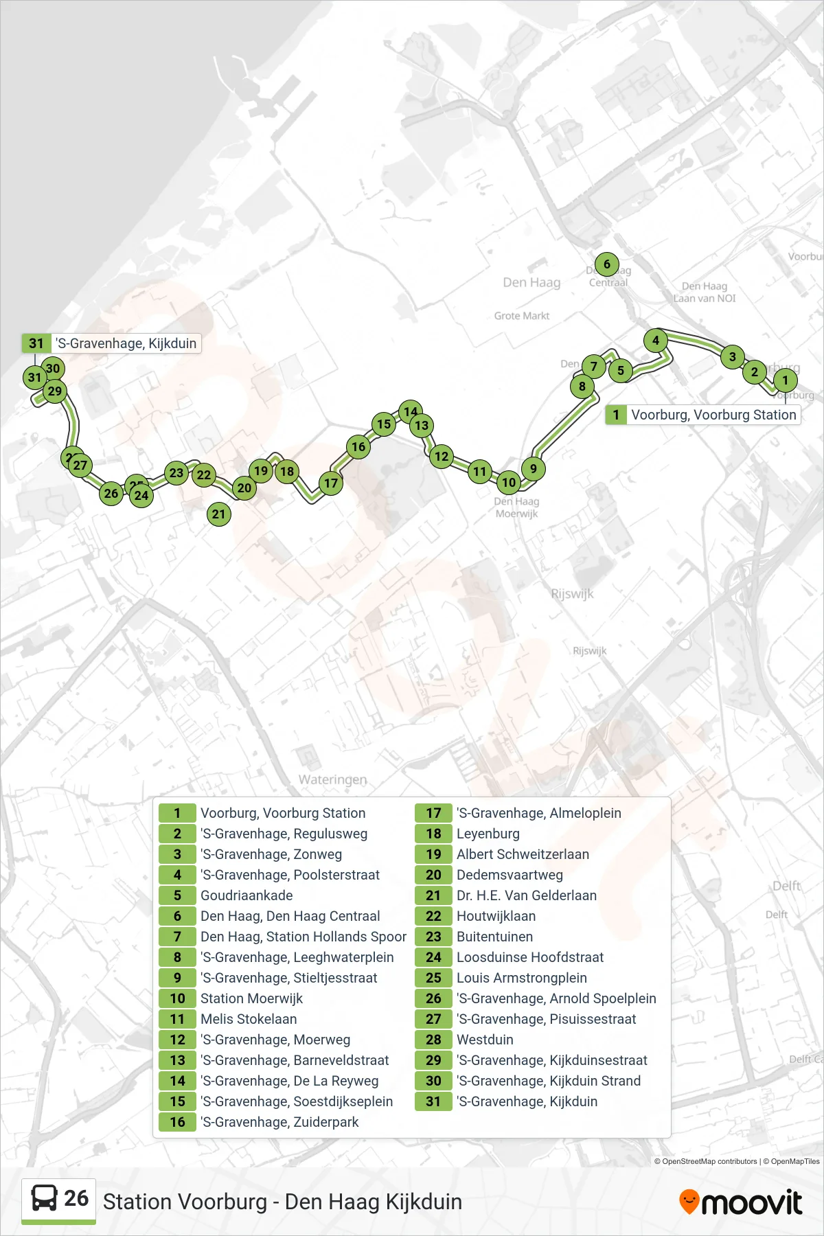 Lijn 26 (bus, Den Haag Kijkduin): route en haltes op de kaart