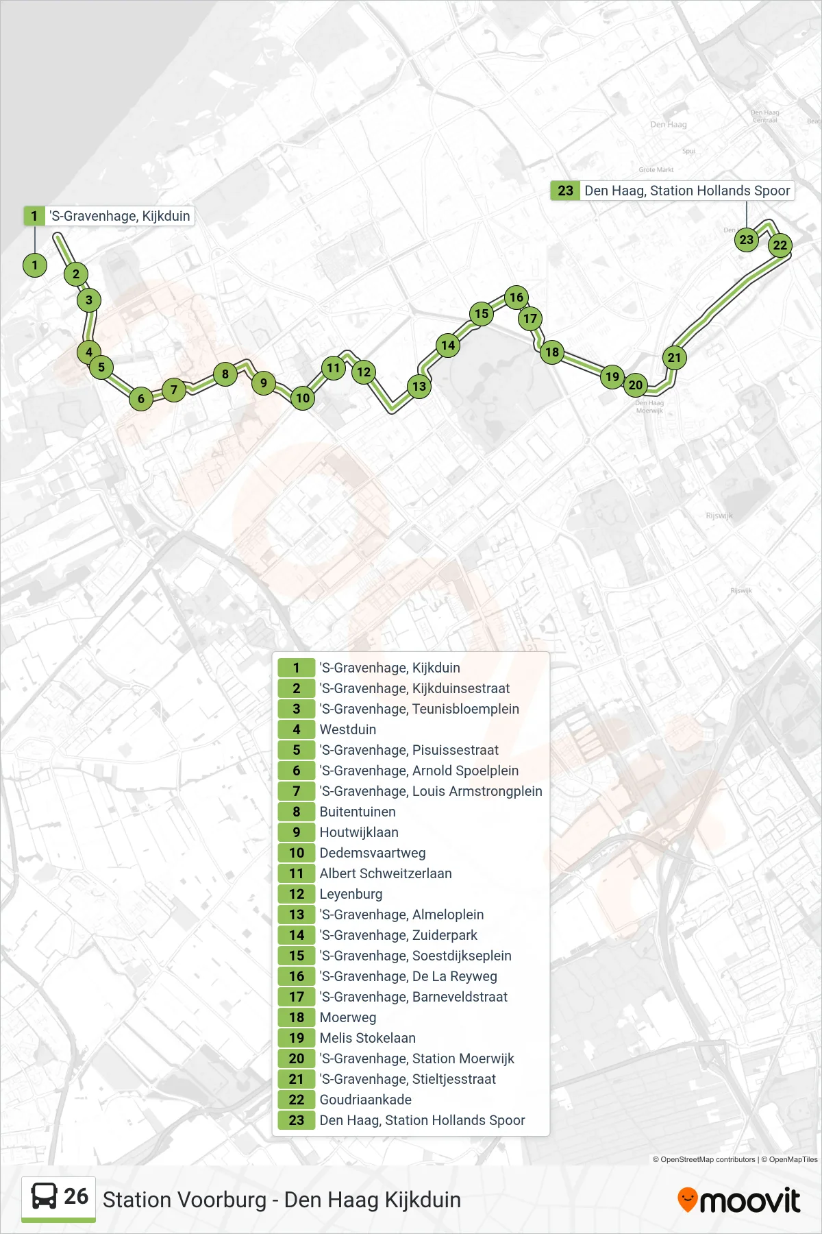 Lijn 26 (bus, Station Den Haag Hs): route en haltes op de kaart