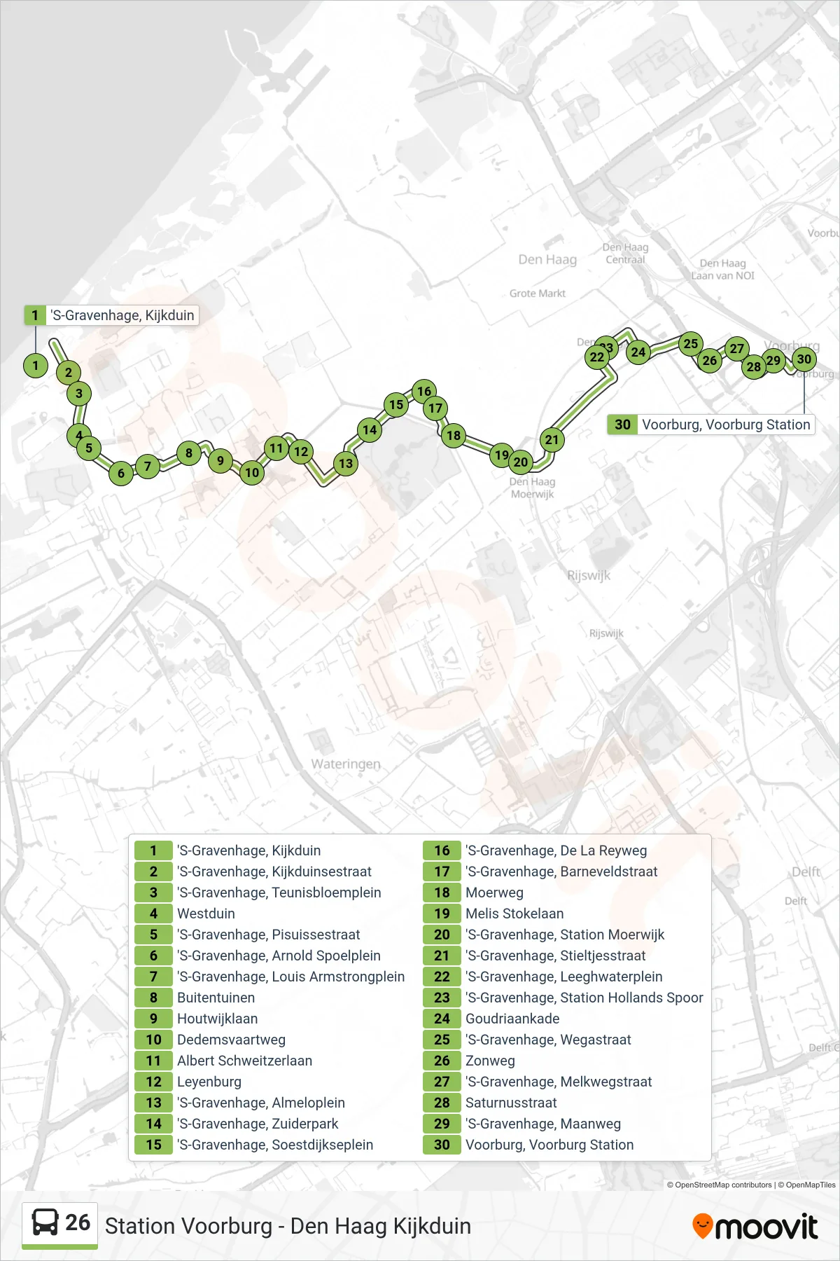 Lijn 26 (bus, Station Voorburg): route en haltes op de kaart