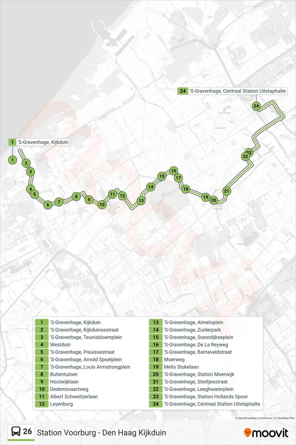 Lijn 26 (bus, Station Dh Centraal): route en haltes op de kaart
