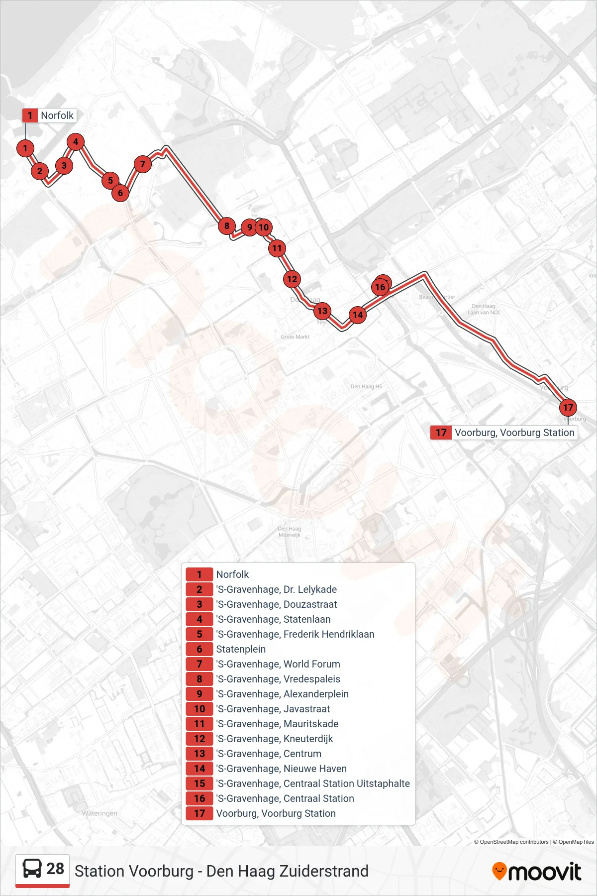 Lijn 28 (bus, Voorburg Station): route en haltes op de kaart
