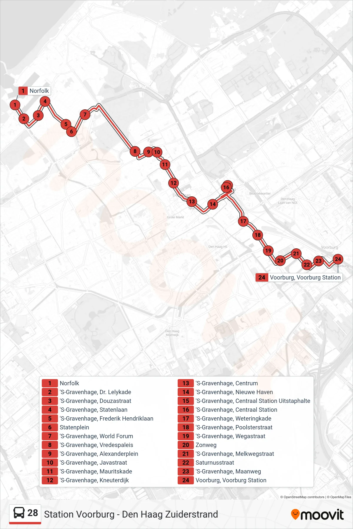 Lijn 28 (bus, Station Voorburg): route en haltes op de kaart