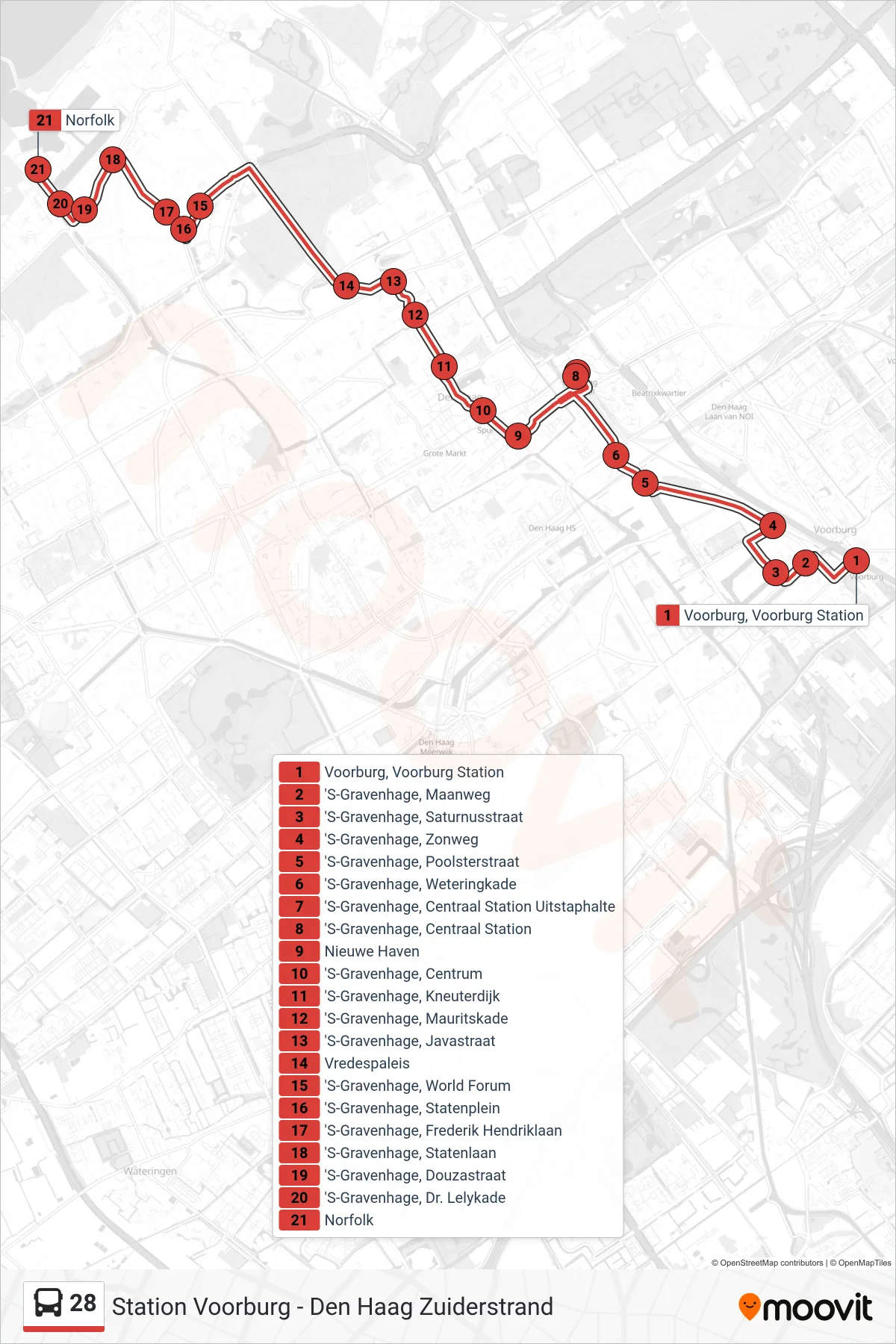 28 bus Line (Dh Zuiderstrand) route and stops on a map