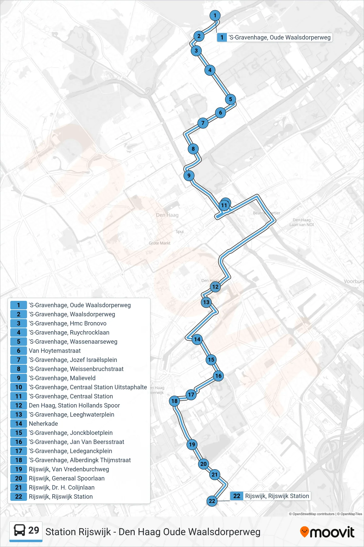 Lijn 29 (bus, Station Rijswijk): route en haltes op de kaart
