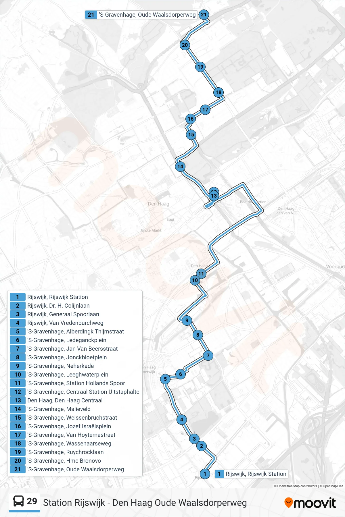 Lijn 29 (bus, Dh Oude Waalsd.Weg): route en haltes op de kaart