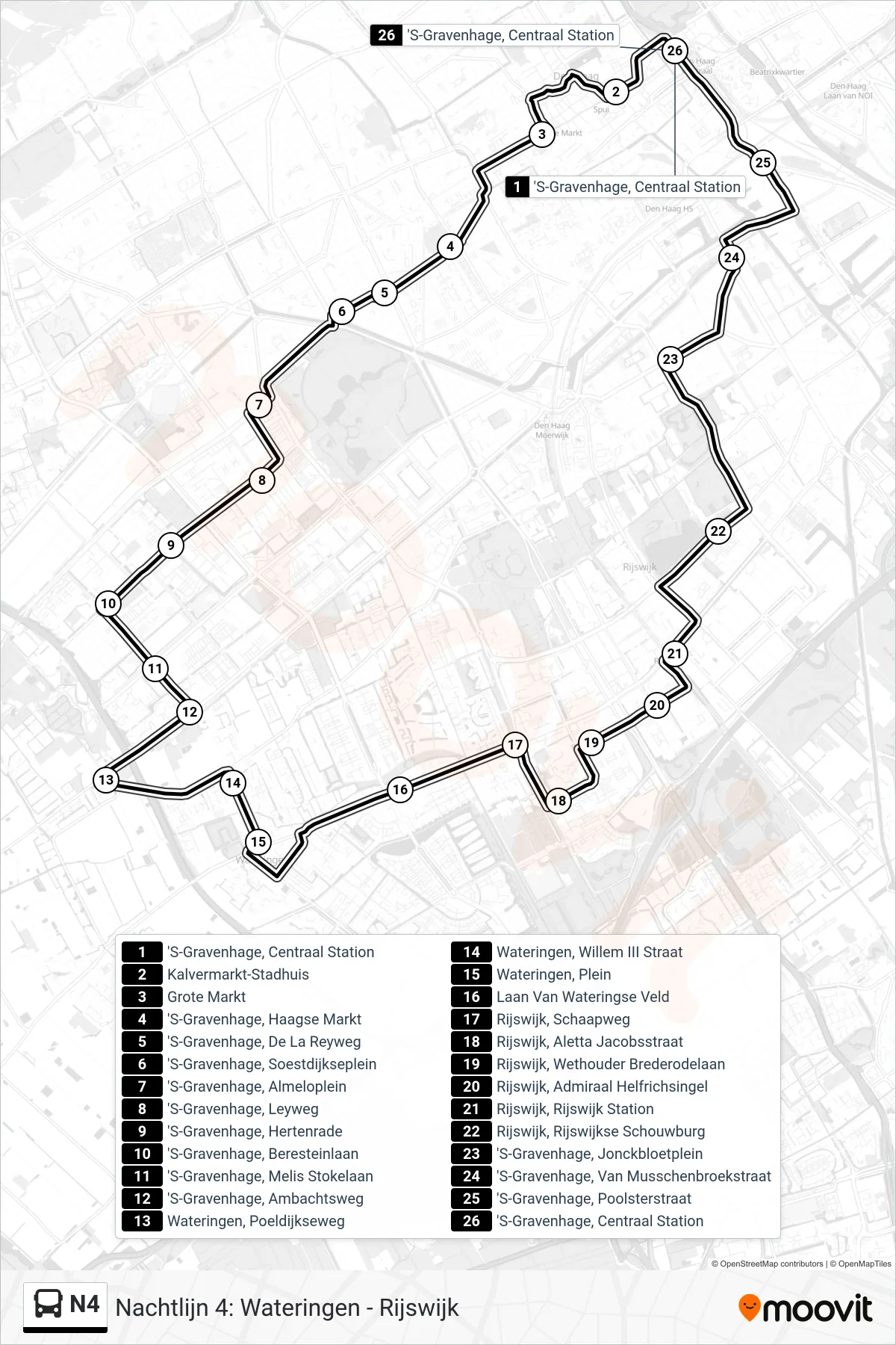 Lijn N4 (bus, Rijswijk): route en haltes op de kaart