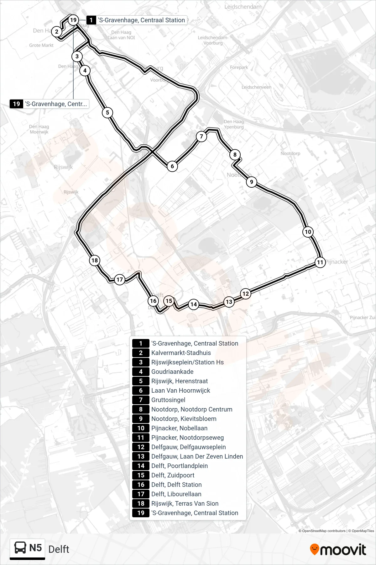 Lijn N5 (bus, Delft): route en haltes op de kaart