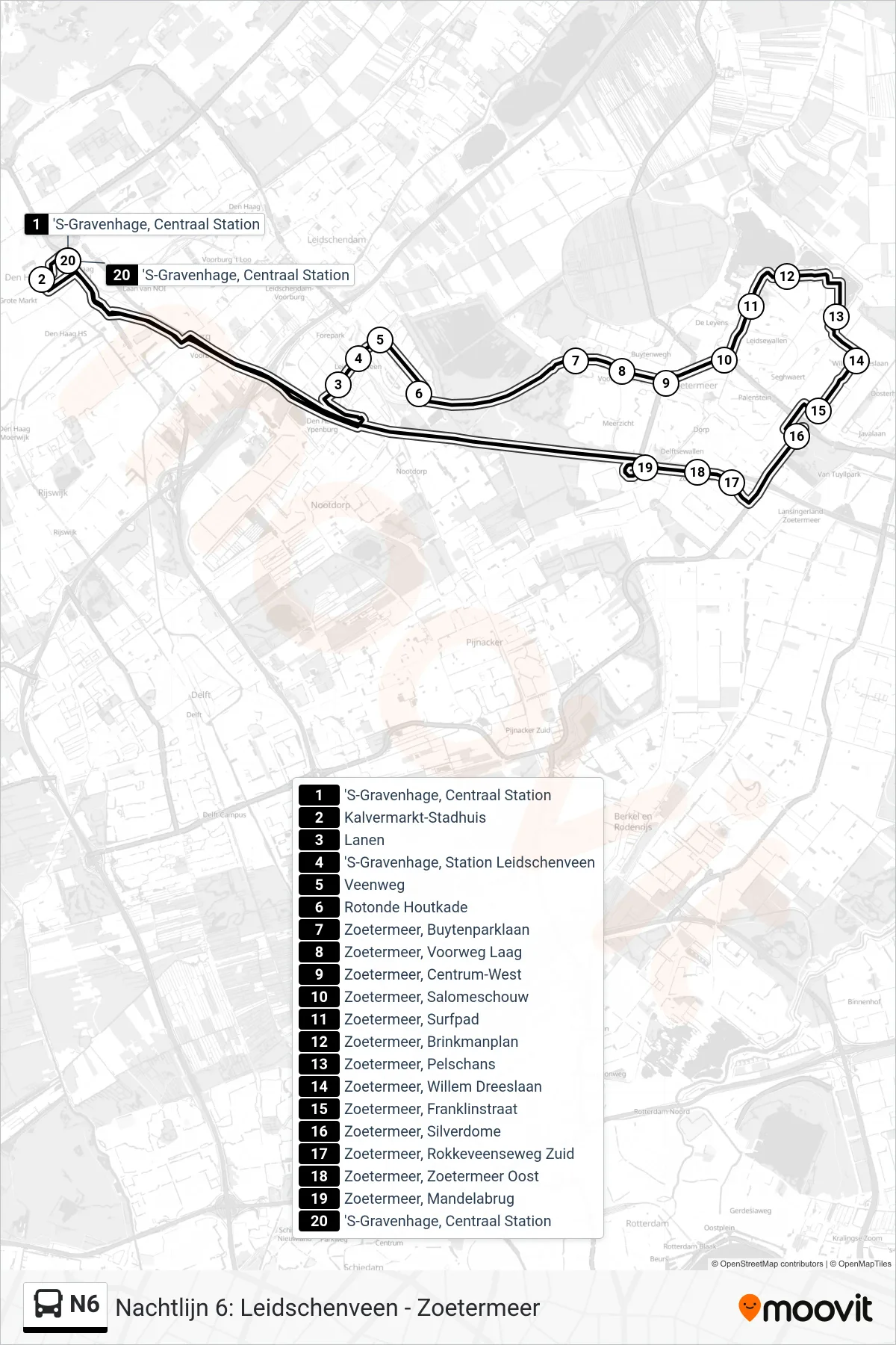 Lijn N6 (bus, Zoetermeer): route en haltes op de kaart