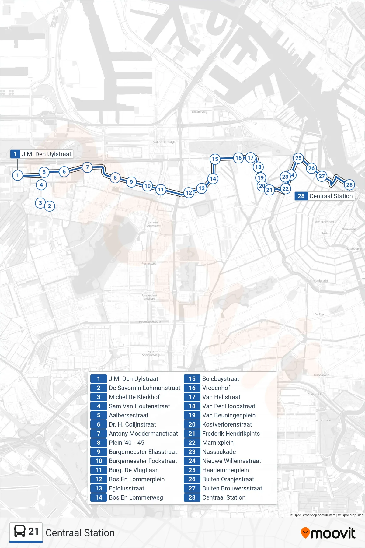 Lijn 21 (bus, Centraal Station): route en haltes op de kaart