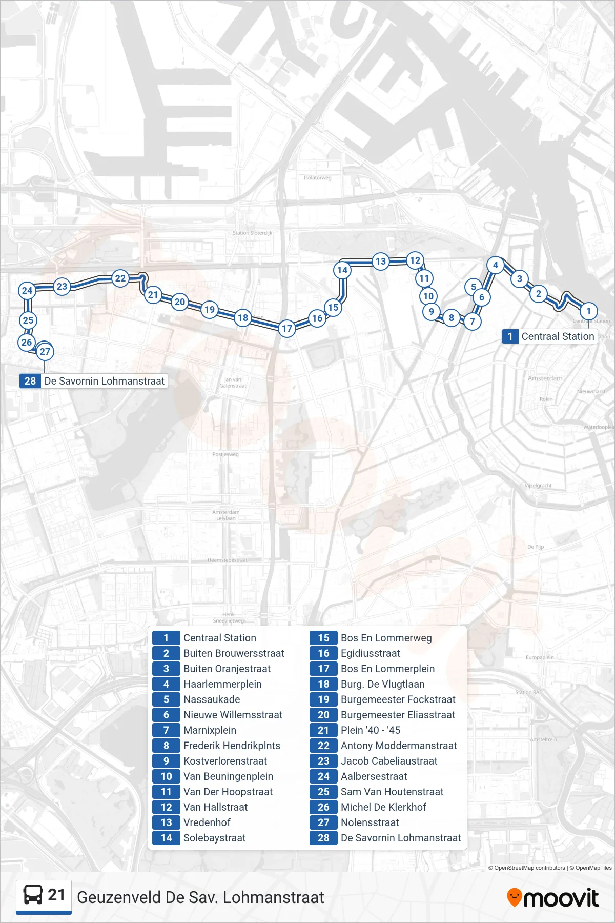 Lijn 21 (bus, Geuzenveld De Sav. Lohmanstraat): route en haltes op de kaart