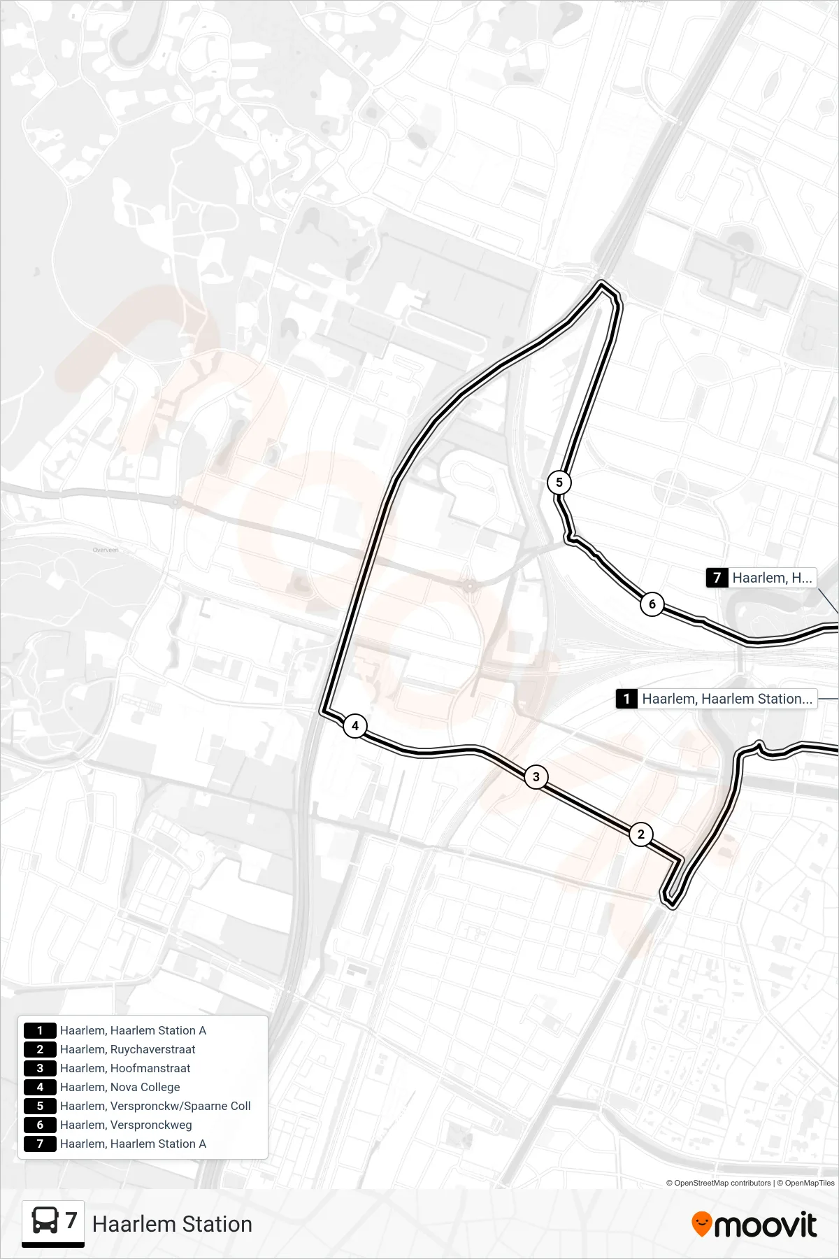 Lijn 7 (bus, Haarlem Station): route en haltes op de kaart