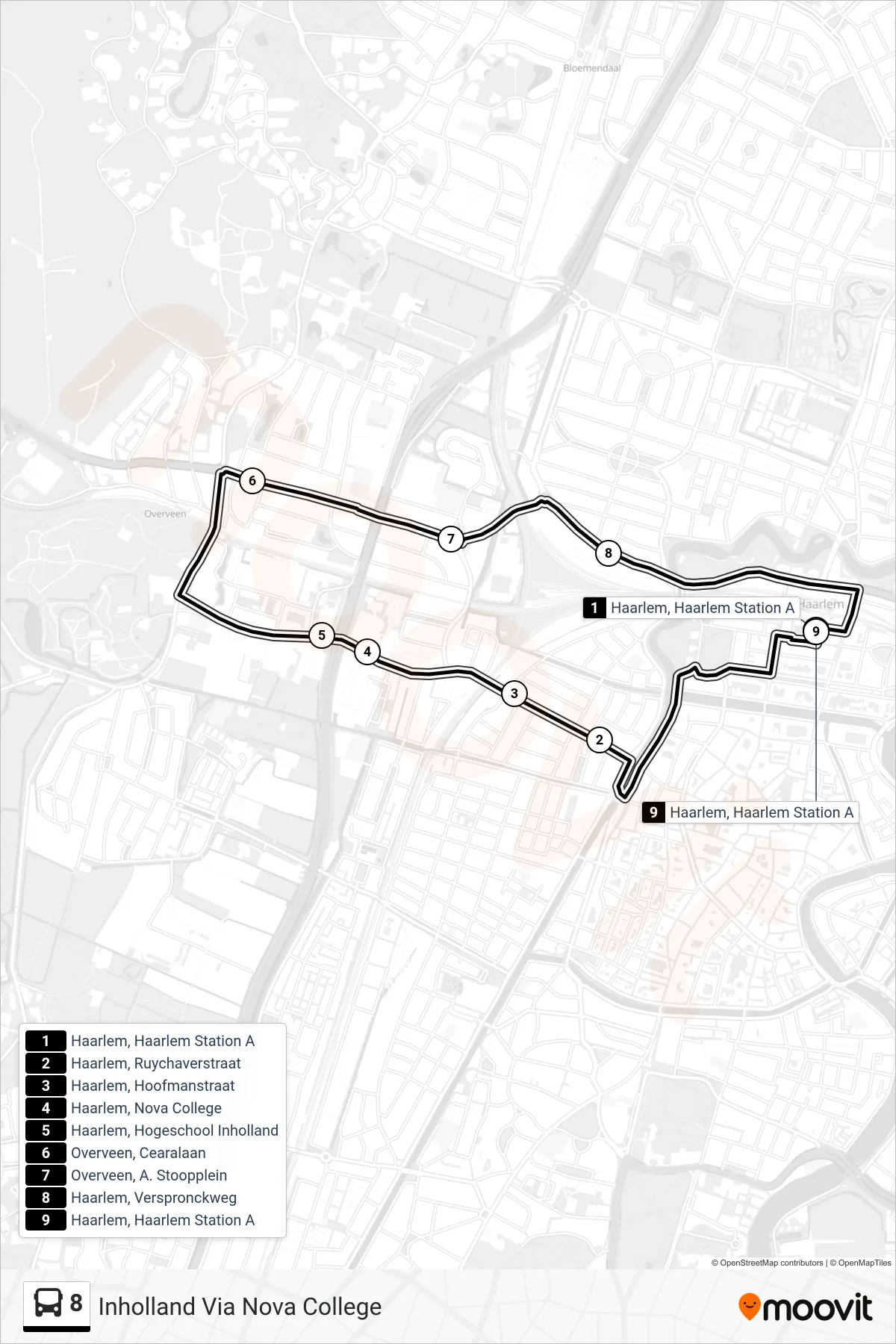 Lijn 8 (bus, Inholland Via Nova College): route en haltes op de kaart