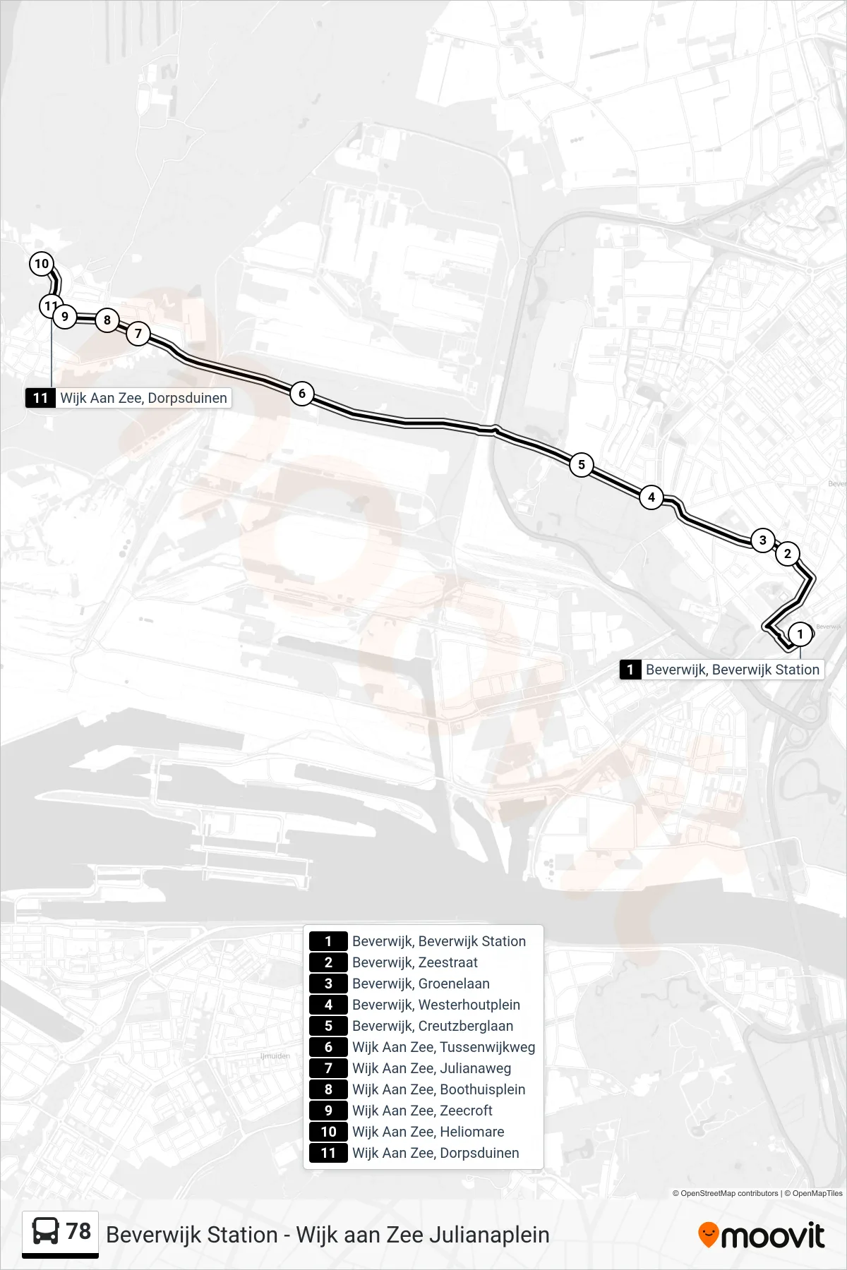 Lijn 78 (bus, Wijk Aan Zee, Dorpsduinen): route en haltes op de kaart