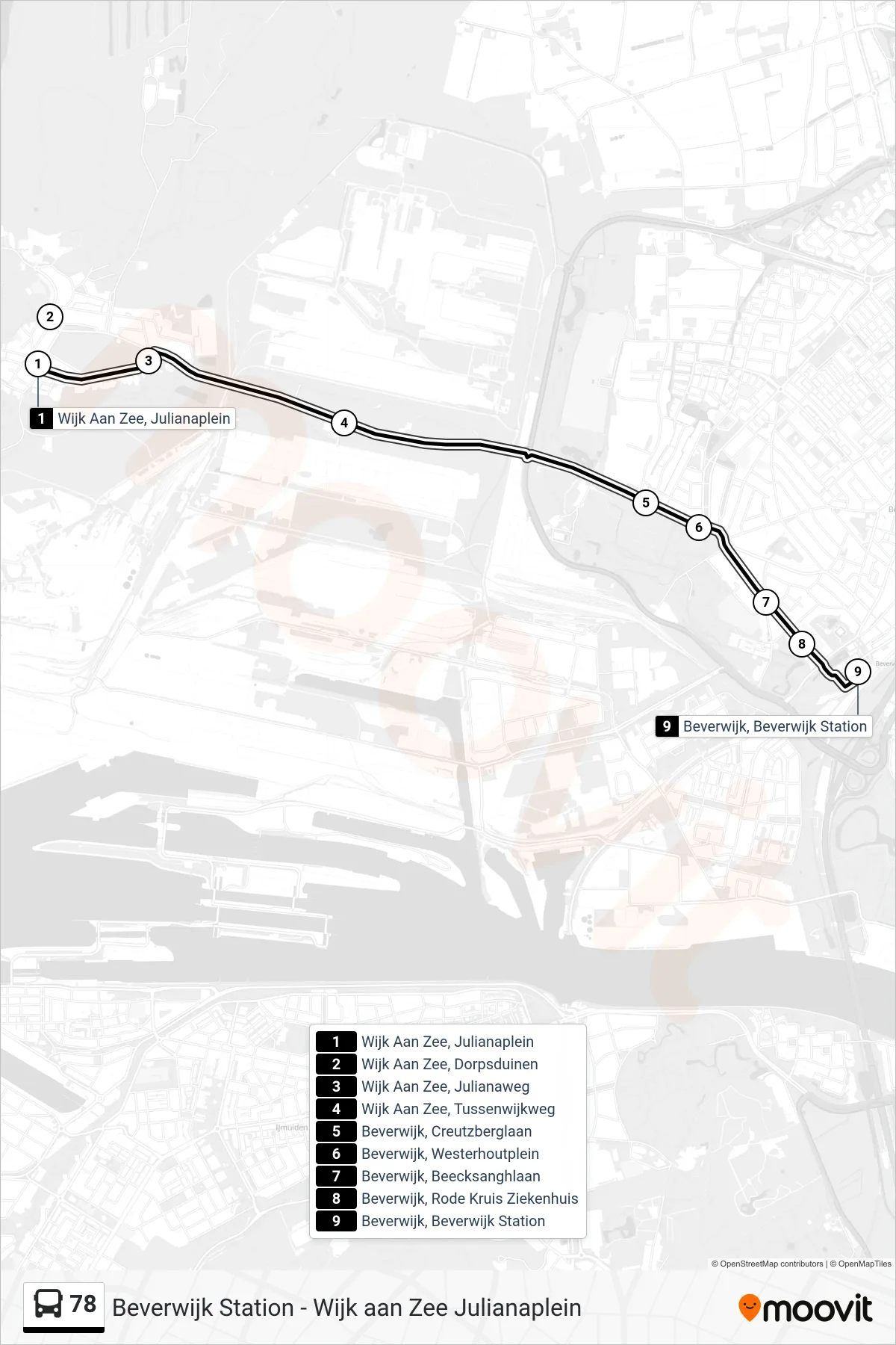 Lijn 78 (bus, Beverwijk Station): route en haltes op de kaart