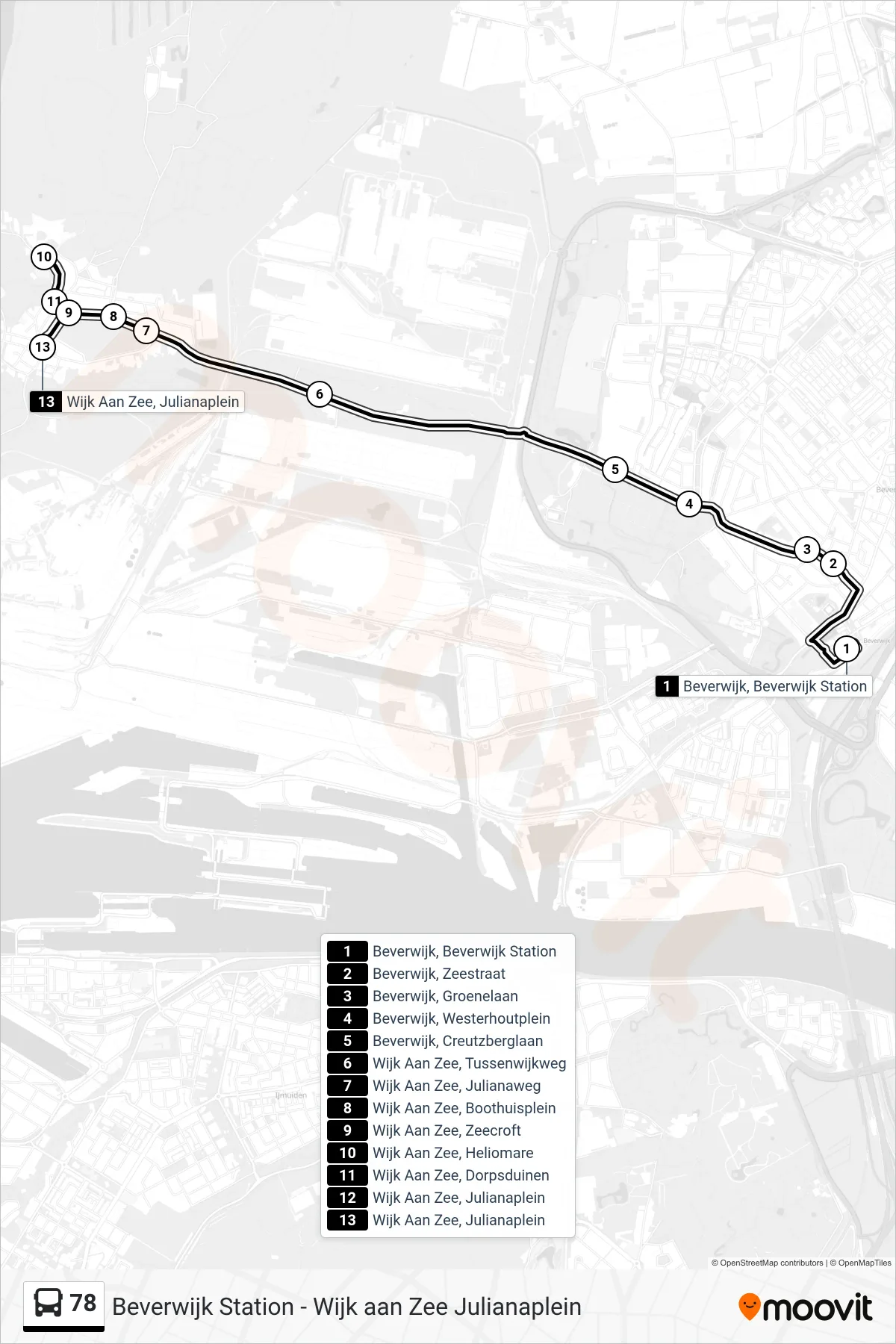 Lijn 78 (bus, Wijk Aan Zee Julianaplein): route en haltes op de kaart