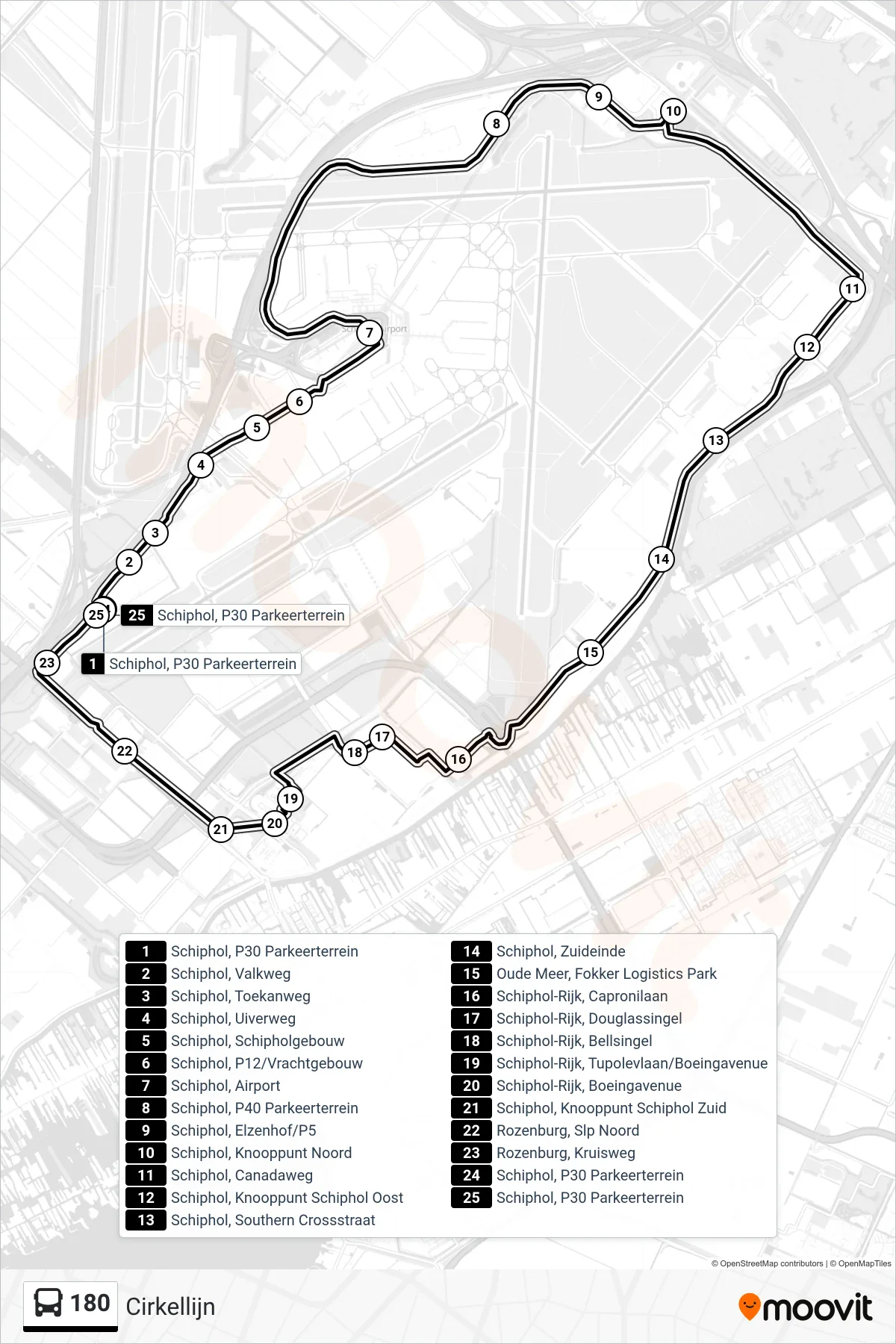 Lijn 180 (bus, Cirkellijn): route en haltes op de kaart