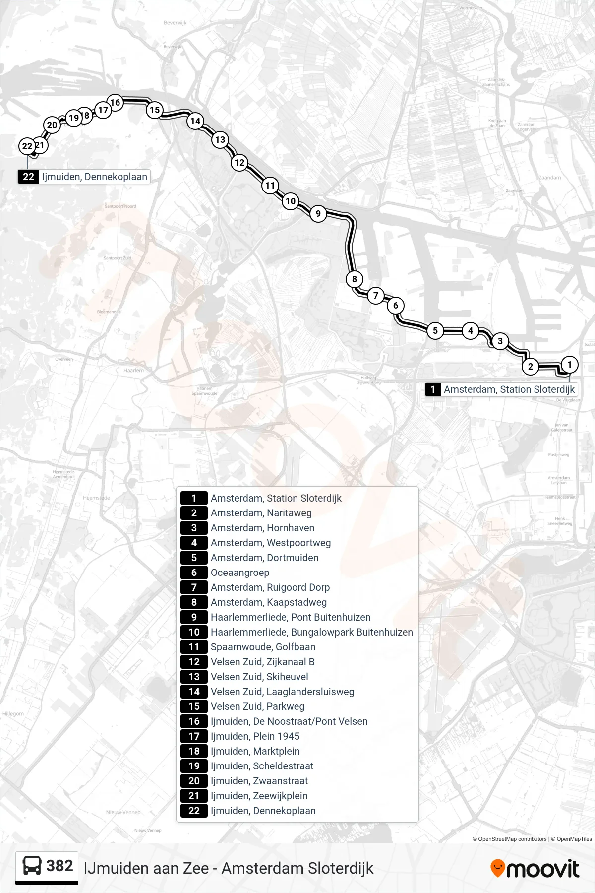 Lijn 382 (bus, Ijmuiden Dennekoplaan): route en haltes op de kaart