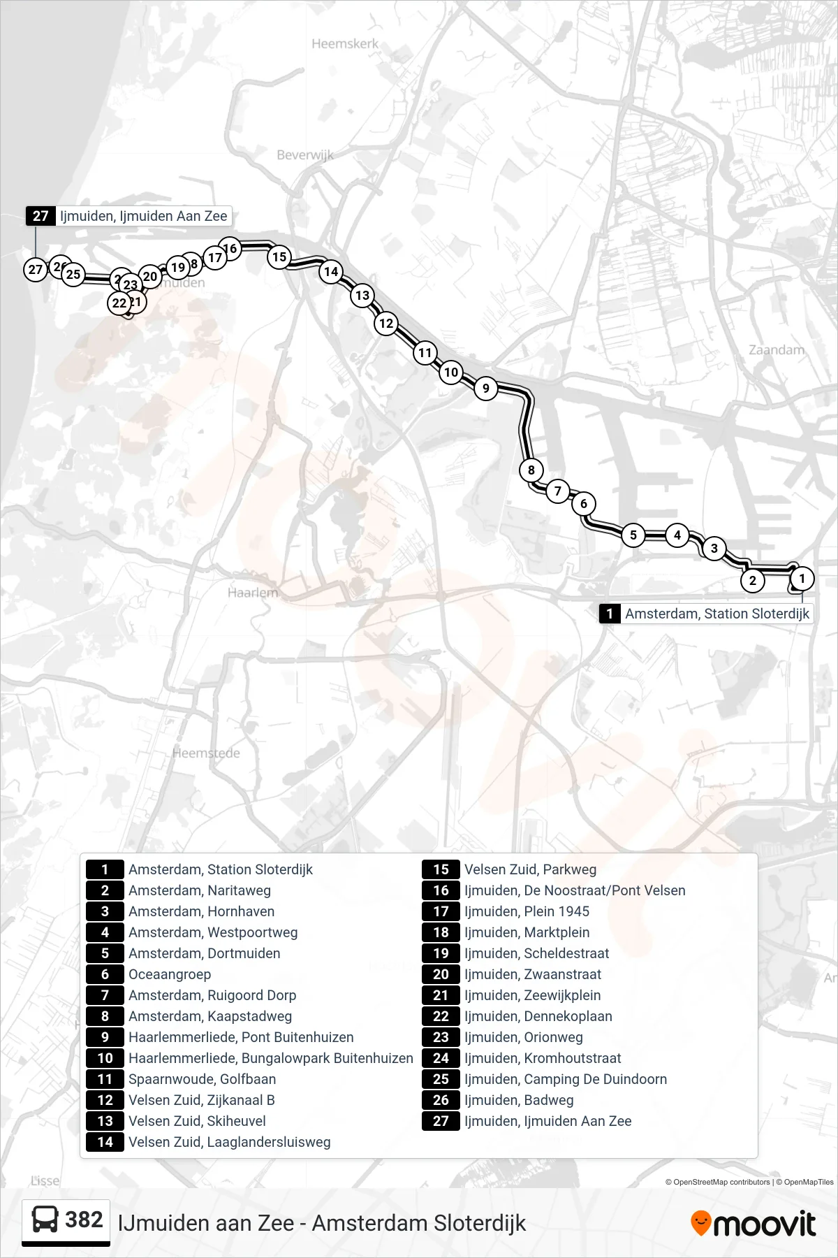 382 bus Line (Ijmuiden Aan Zee) route and stops on a map
