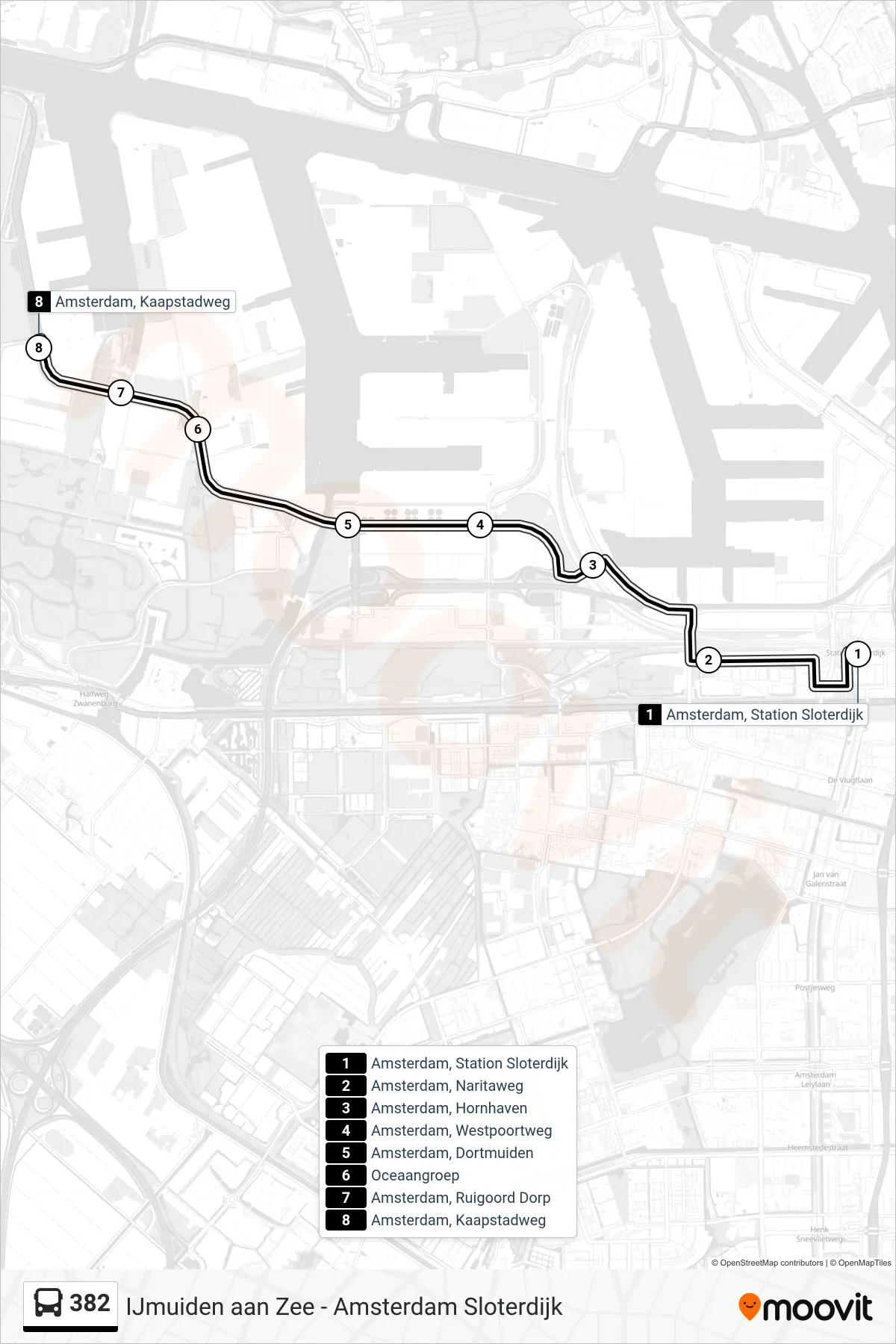 Lijn 382 (bus, Amsterdam Kaapstadweg): route en haltes op de kaart