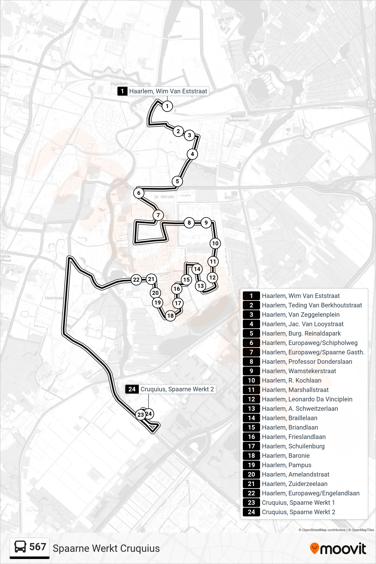 Lijn 567 (bus, Spaarne Werkt Cruquius): route en haltes op de kaart