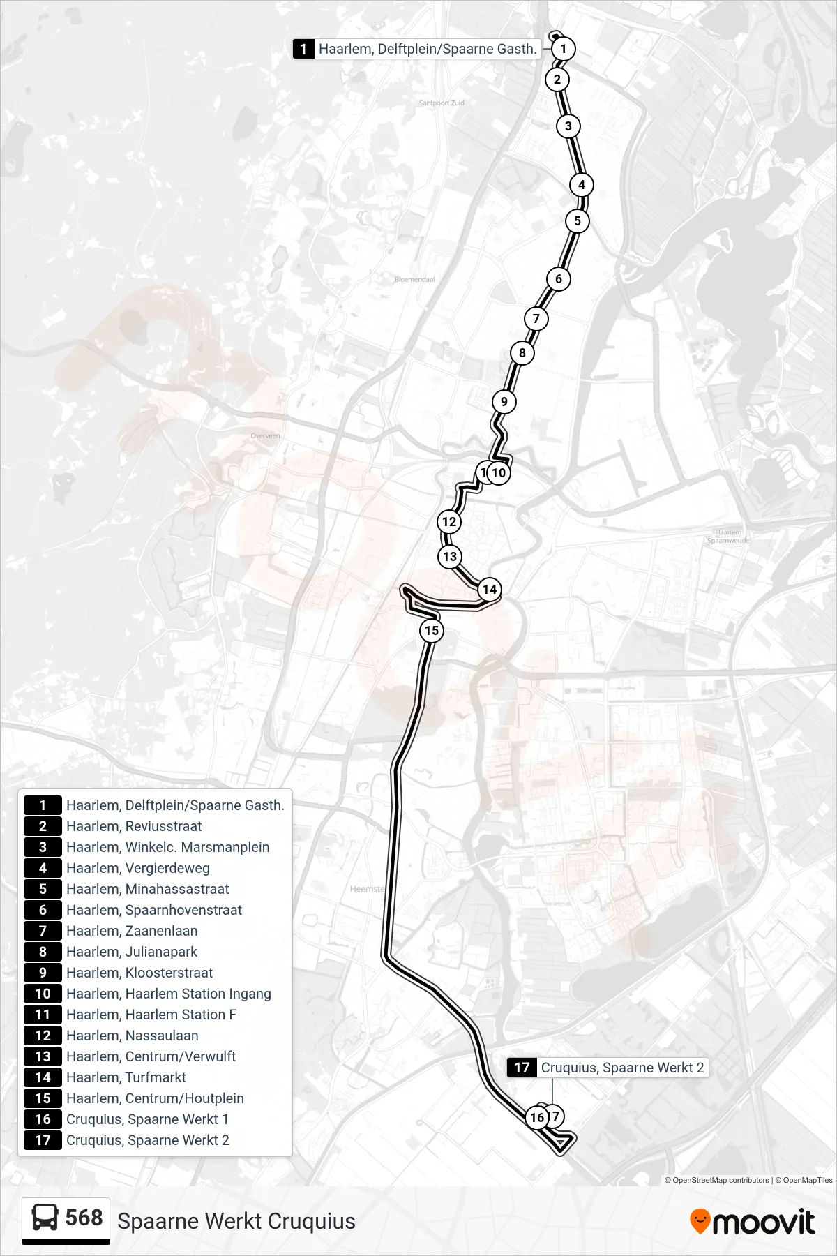 Lijn 568 (bus, Spaarne Werkt Cruquius): route en haltes op de kaart
