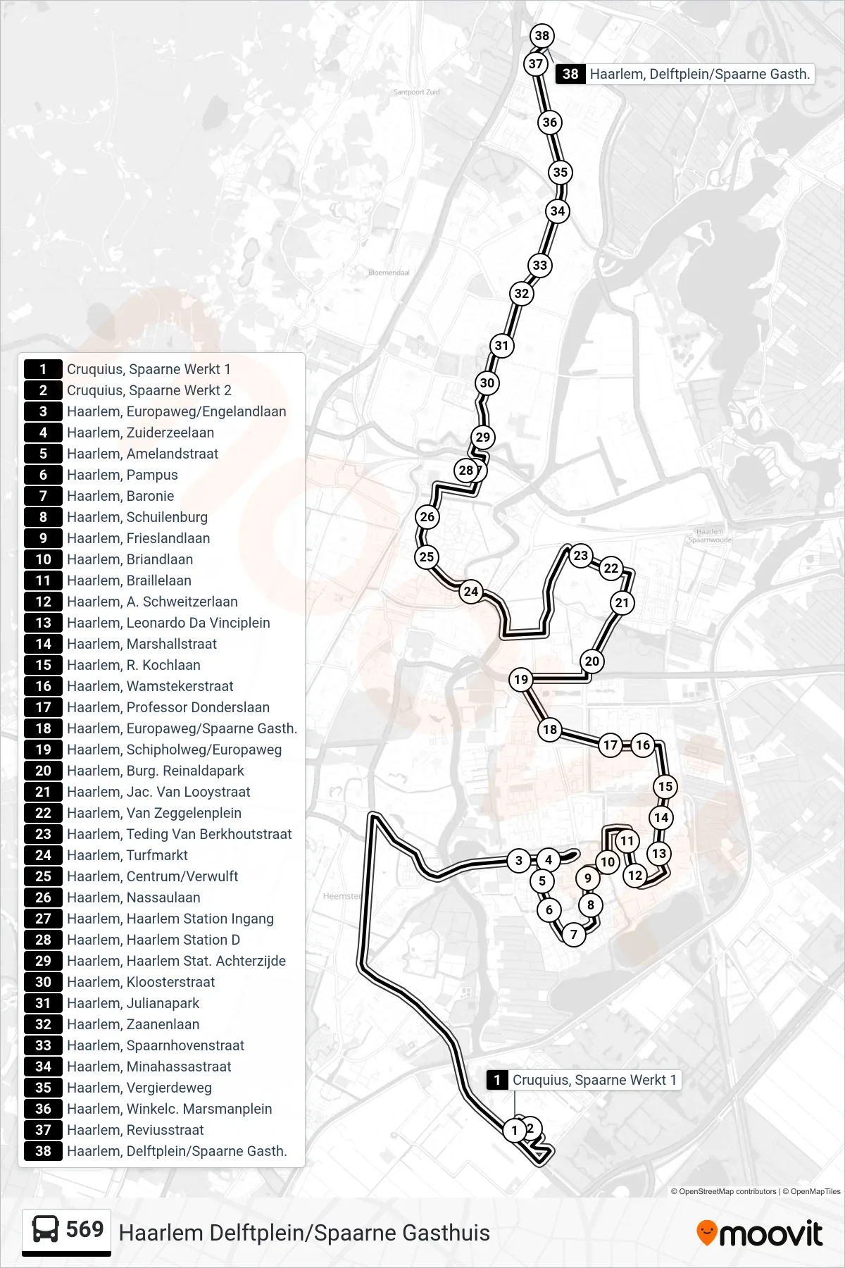 Lijn 569 (bus, Haarlem Delftplein/Spaarne Gasthuis): route en haltes op de kaart