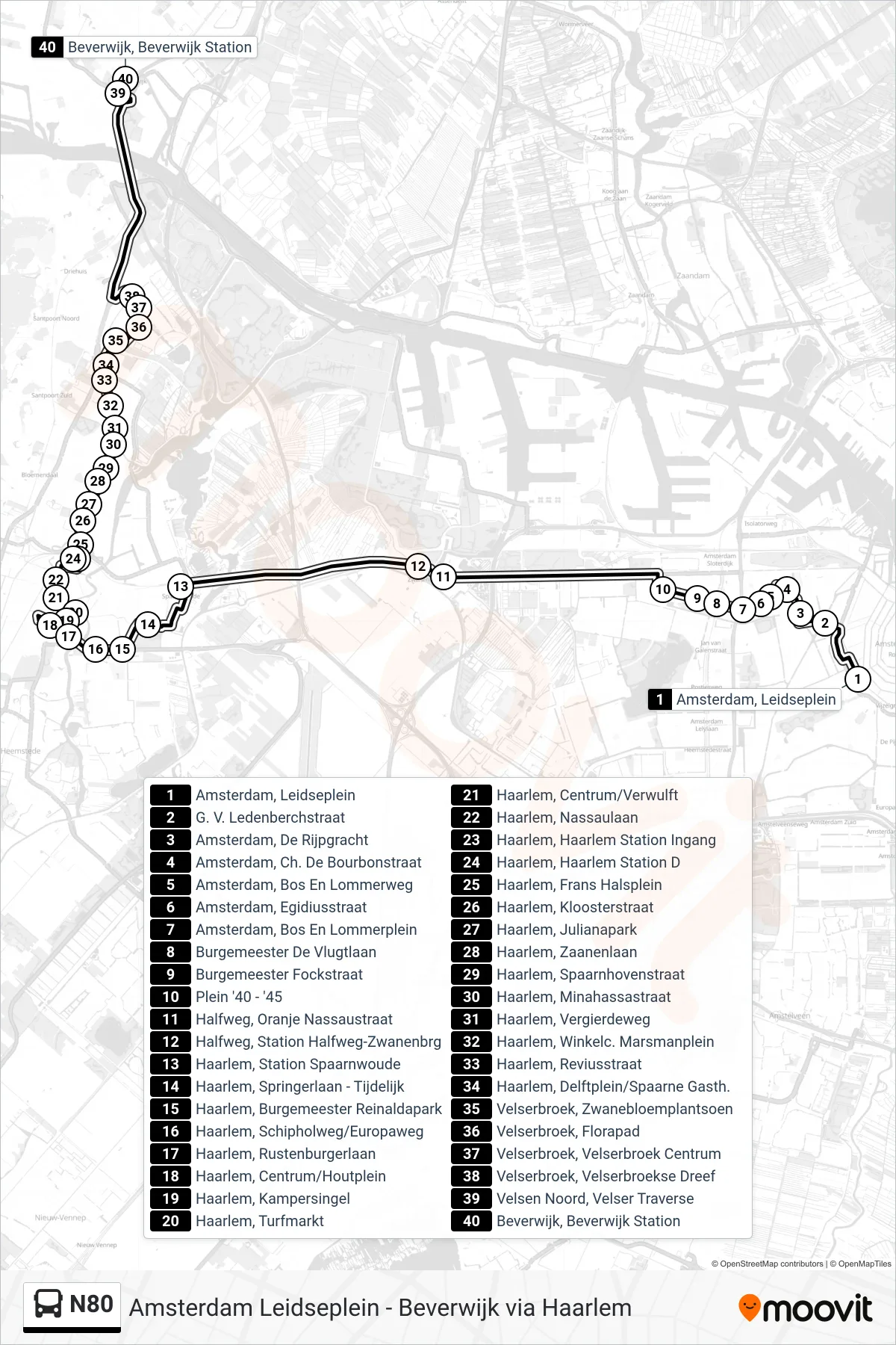 Lijn N80 (bus, Beverwijk Station): route en haltes op de kaart