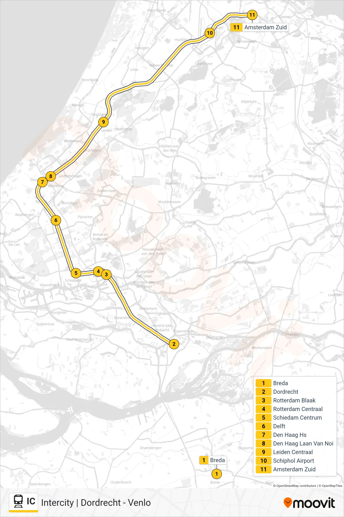 Lijn IC (trein, Amsterdam Zuid): route en haltes op de kaart