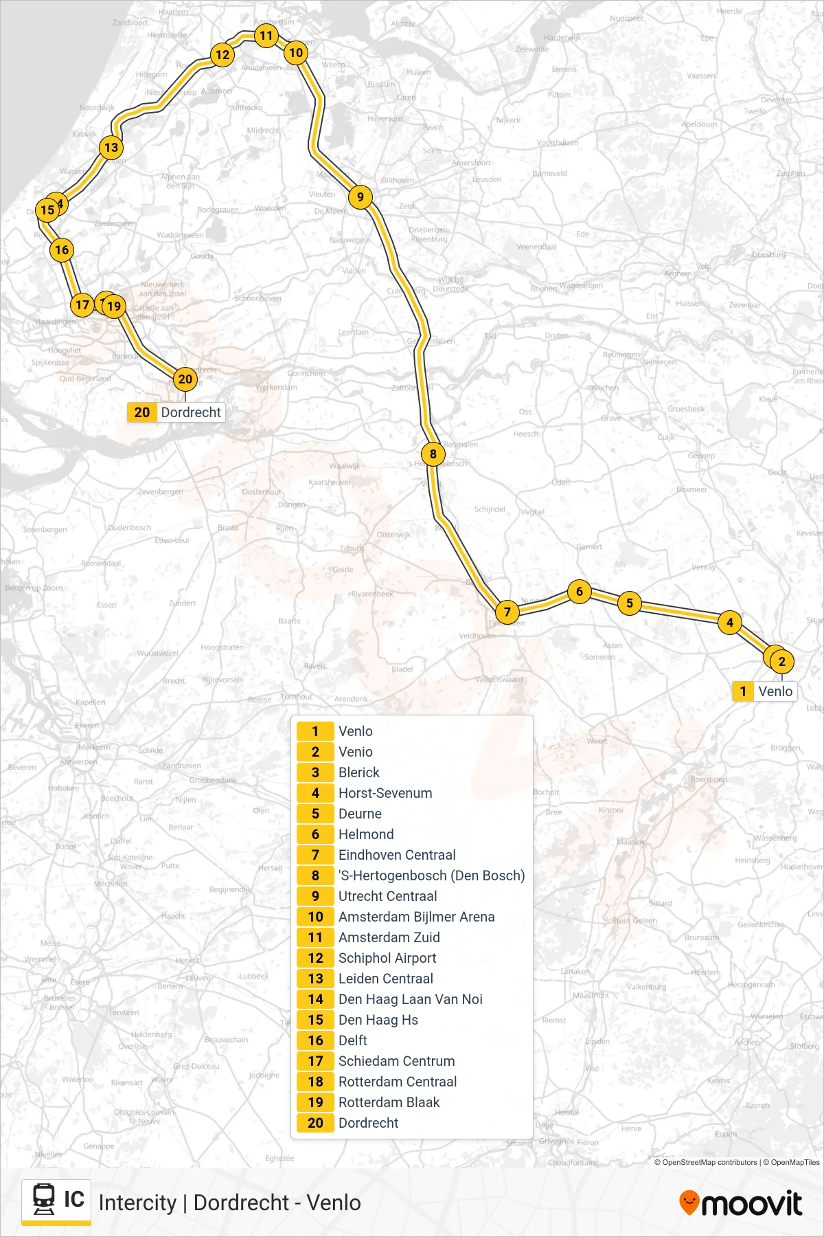 Lijn IC (trein, Dordrecht): route en haltes op de kaart