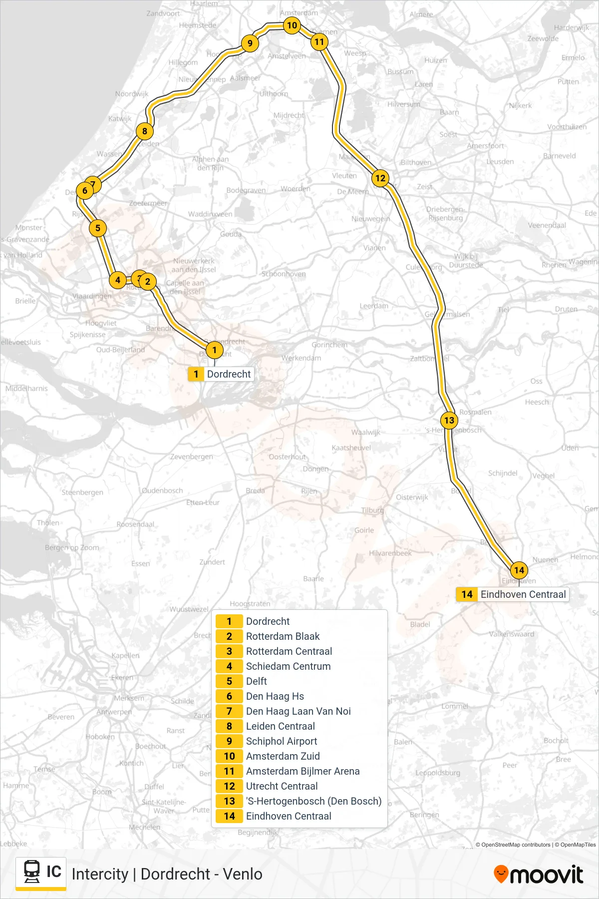 Lijn IC (trein, Eindhoven Centraal): route en haltes op de kaart