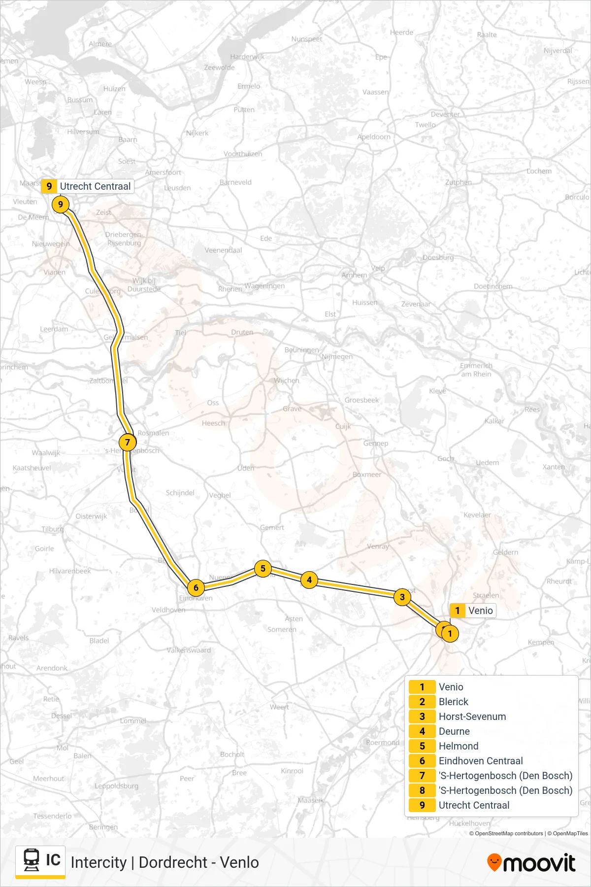 IC rail Line (Utrecht Centraal) route and stops on a map