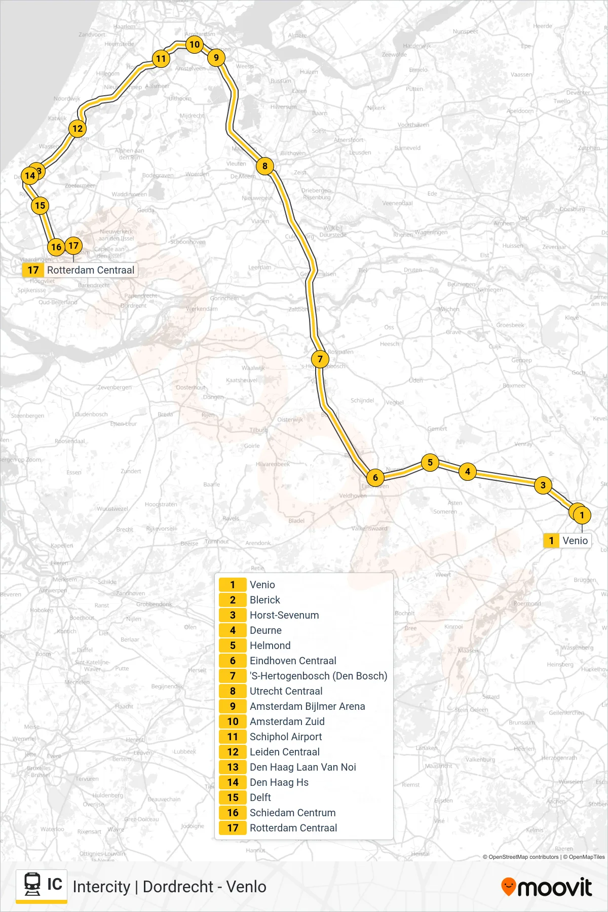 Lijn IC (trein, Rotterdam Centraal): route en haltes op de kaart