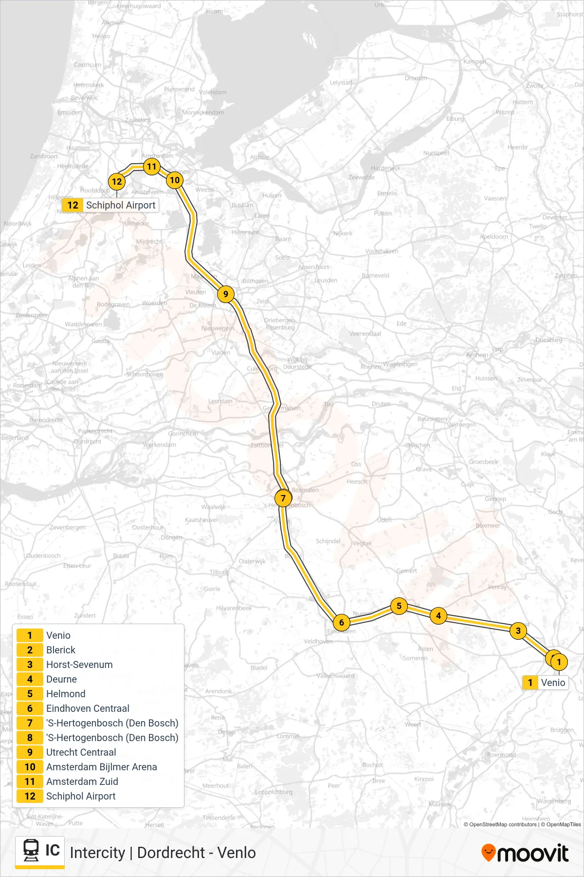 Lijn IC (trein, Schiphol Airport): route en haltes op de kaart